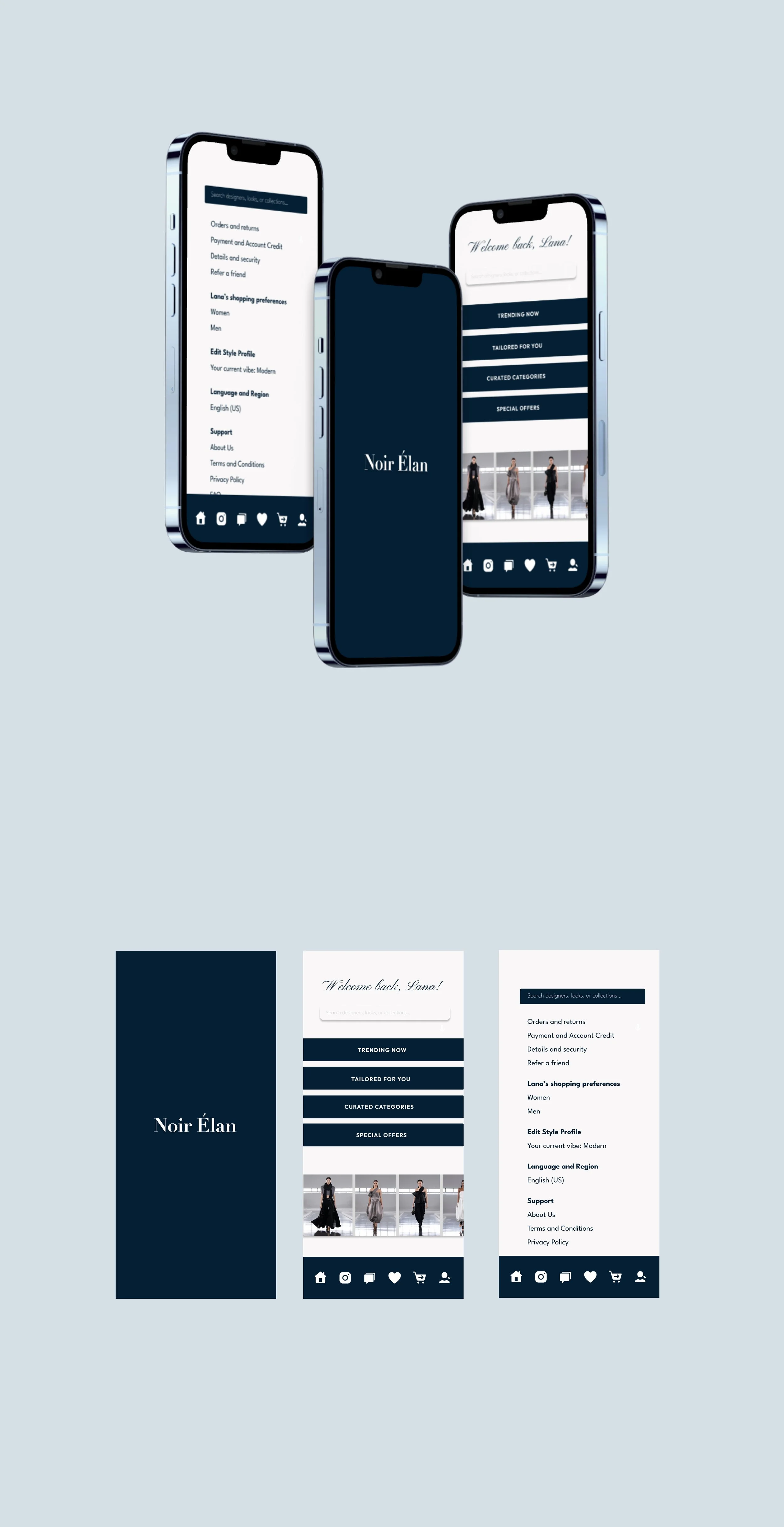 Three smartphones displaying a fashion website called Noir Élan, with images of models in dresses and menu options. The background is light gray.