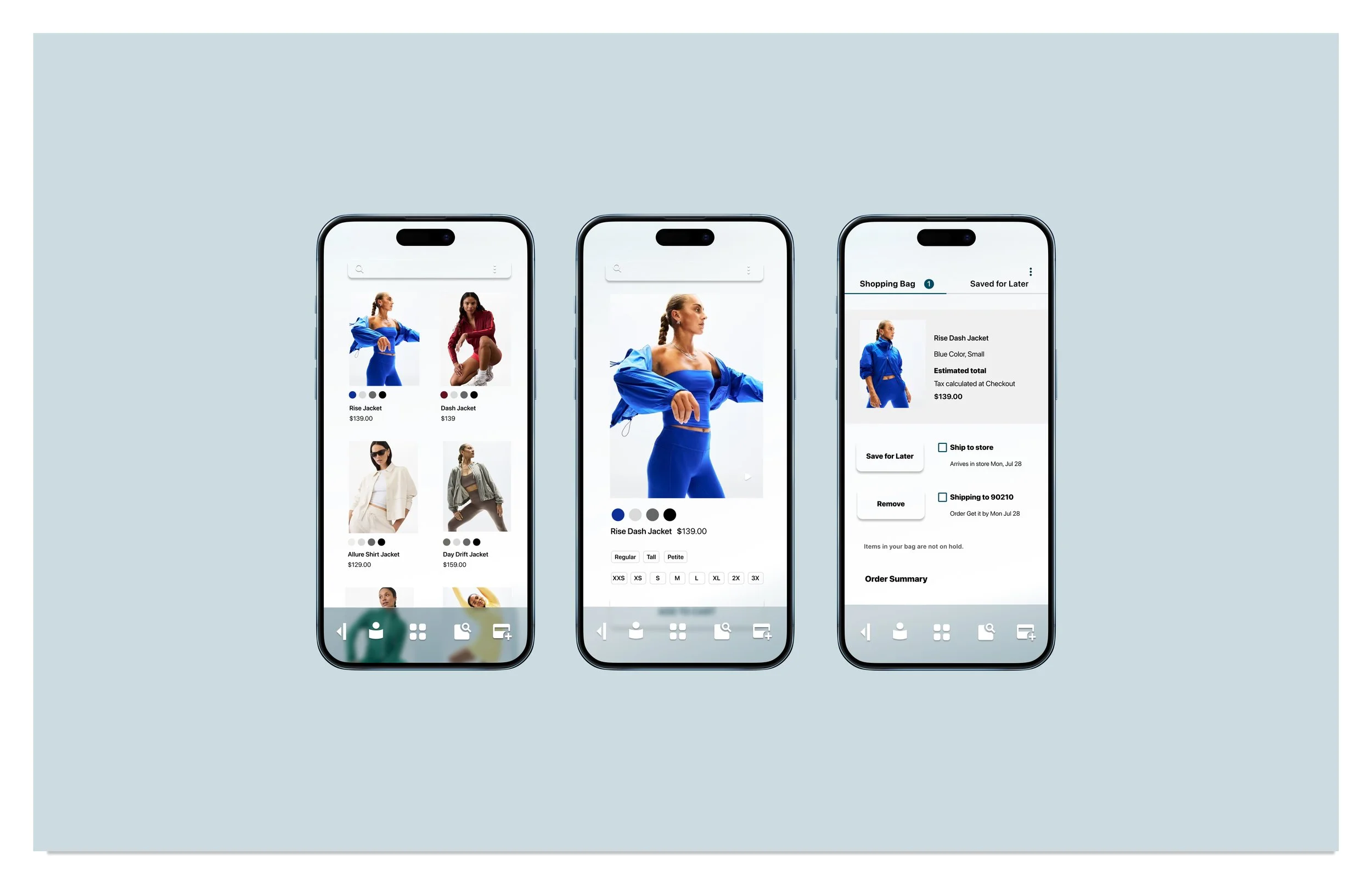 Workout clothing app interface displaying product grid, product detail view, and shopping bag summary on mobile screens.