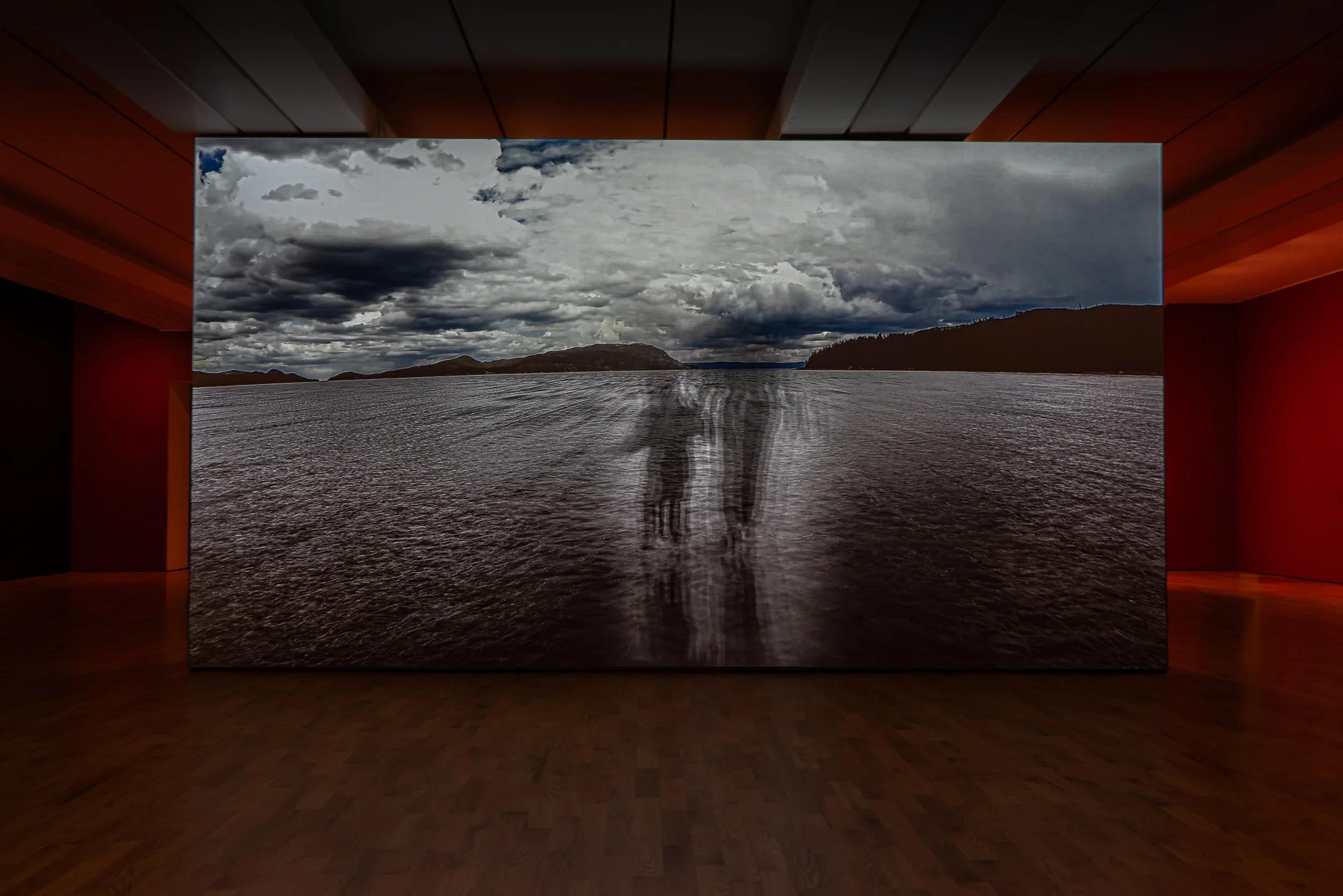 Minimal landscape with water and horizon
Moody landscape photograph of open water and distant shoreline under dramatic cloud cover. The composition emphasizes horizon line, texture, and atmospheric depth.