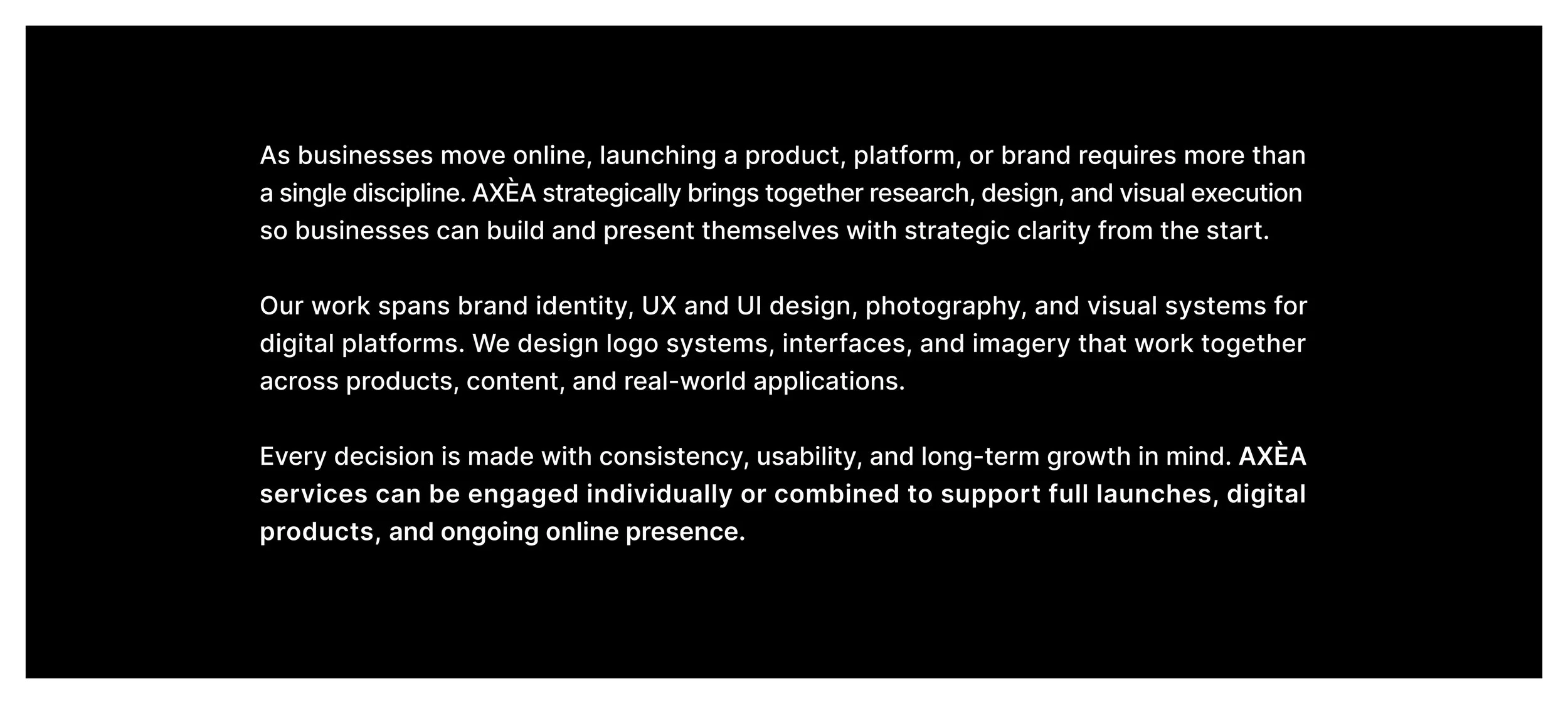 AXÈA Creative Studio services description highlighting branding, UX UI design, photography, and digital product visual systems.