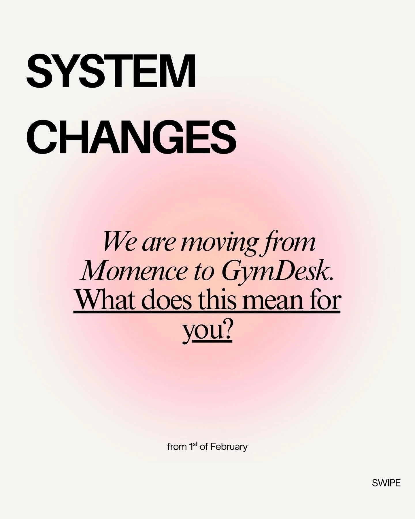 We are changing our booking system platform from Momence to GymDesk from the 1st of February 2026 ✨

What does this mean for you?

Please do NOT use GymDesk for making purchases or booking classes until the 1st of February 2026.

All booking/purchase