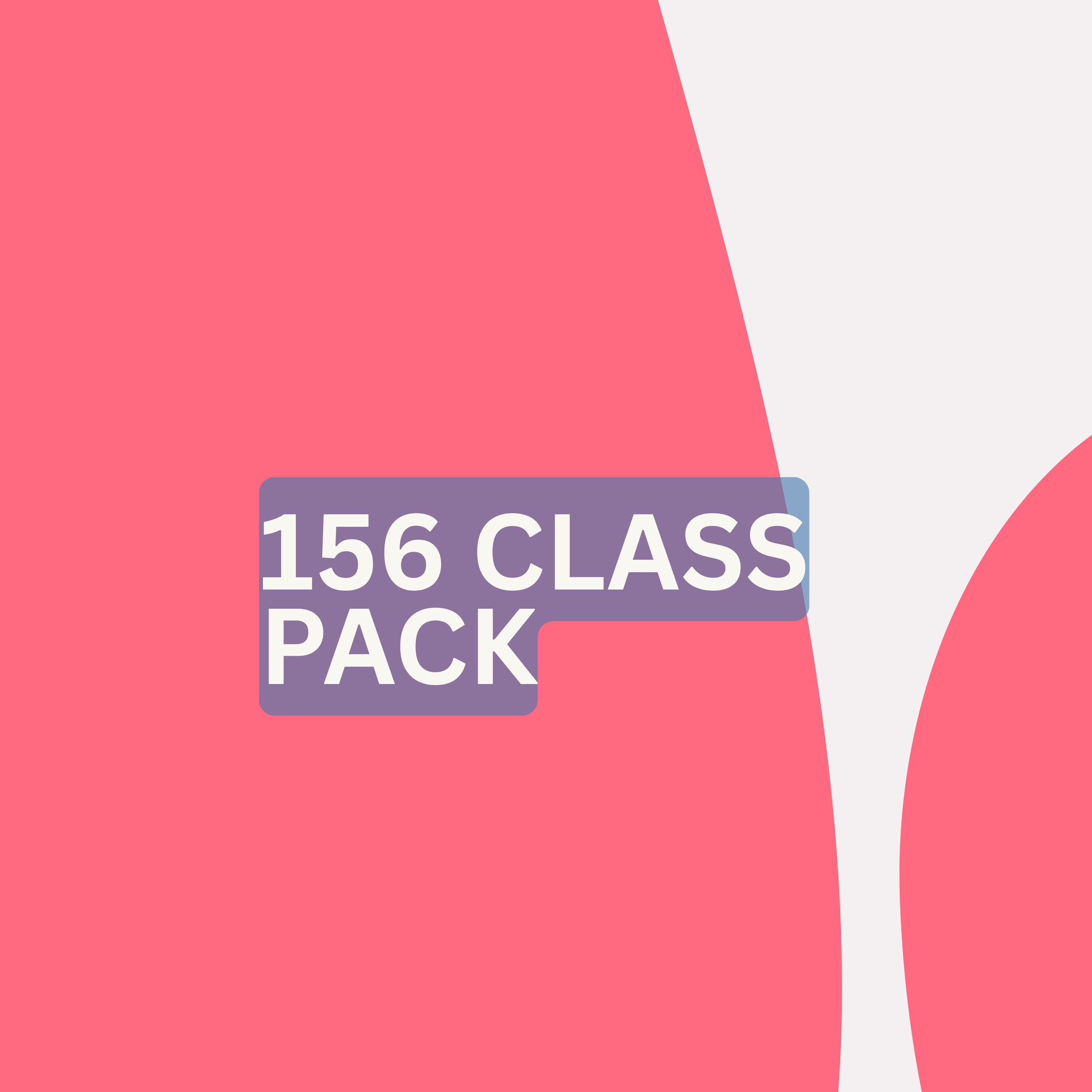 close-up of a pink sticker with purple and white text reading '156 CLASS PACK' on a white background