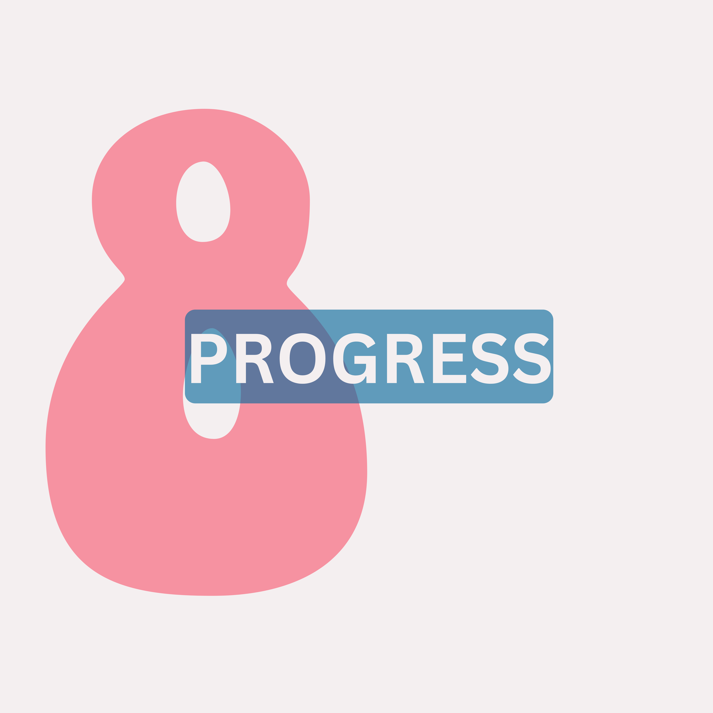 Pink stylized bird shape with a white oval eye on the left side and a blue rectangle sign with white text reading 'PROGRESS' below the bird.