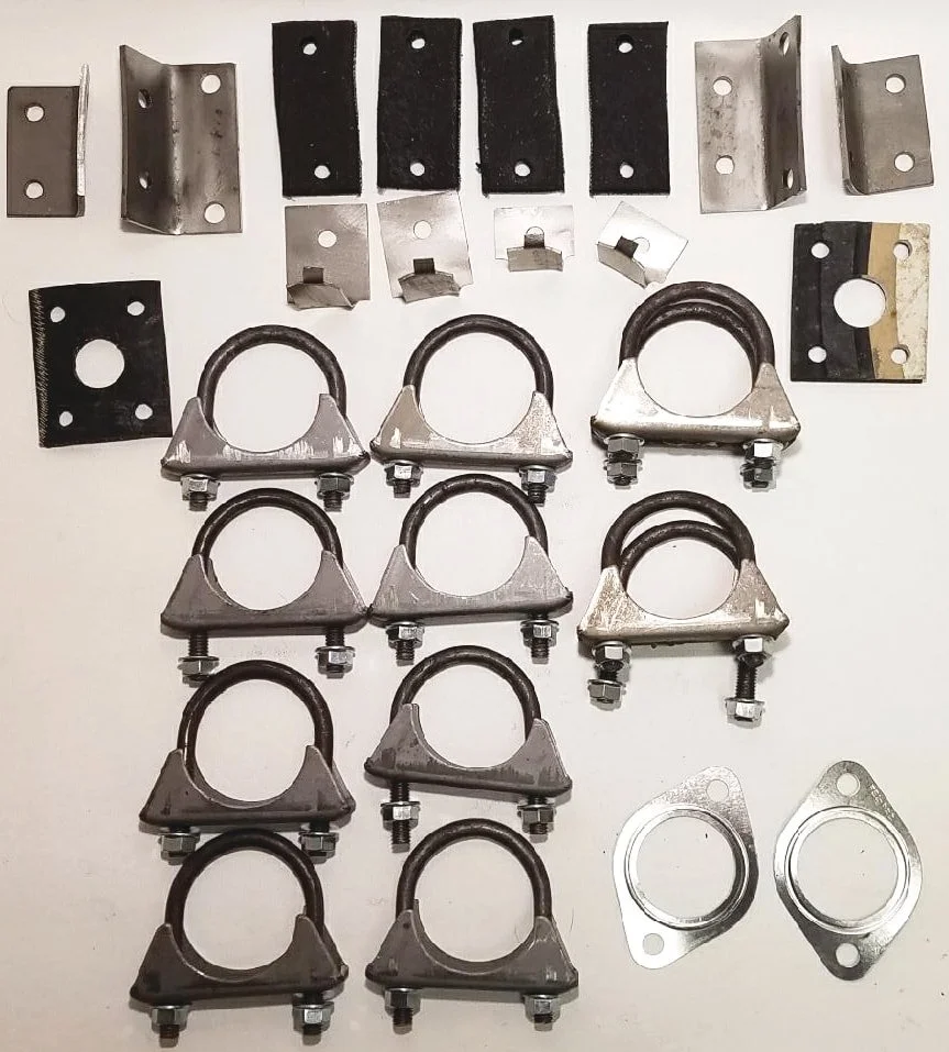 Complete exhaust hanging hardware kit for 1963-1964 Studebaker Avanti restoration, including rubber straps and U-bolts.