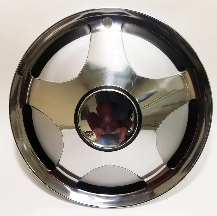 NOS set of 4 high polished stainless steel wheel covers for 1963-1985 Studebaker Avanti and Avanti II, Part AC3332.