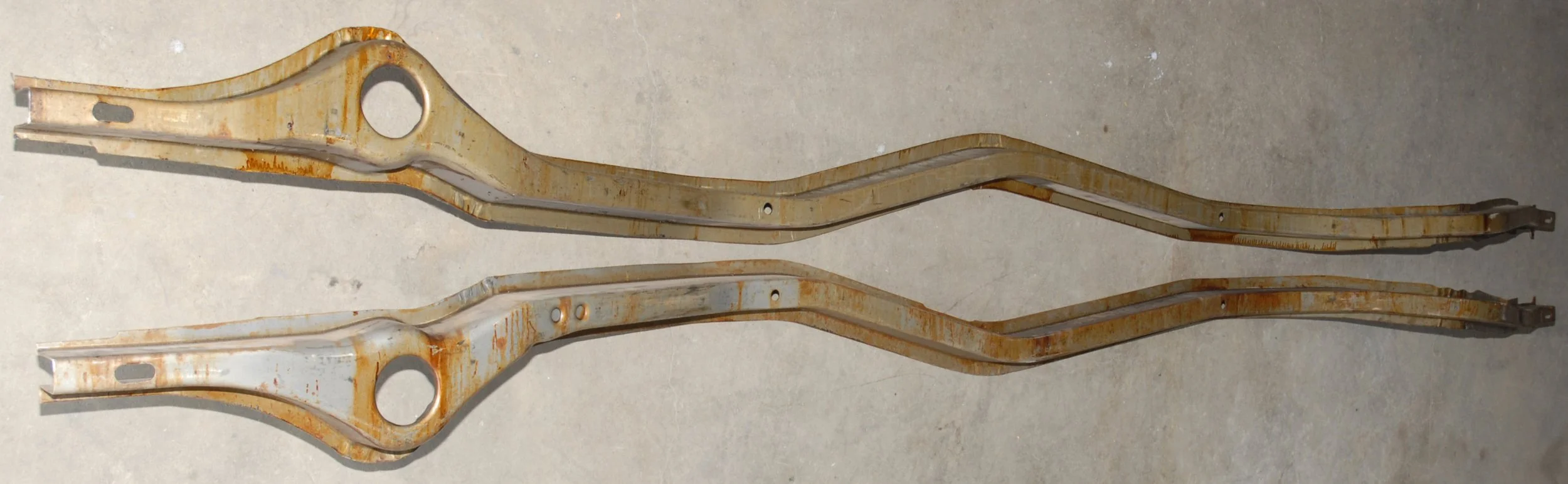 NOS Stamped Steel Frame Rails for 1963-1985 Studebaker Avanti and Avanti II Pair, Parts 1701370 and 1701371.