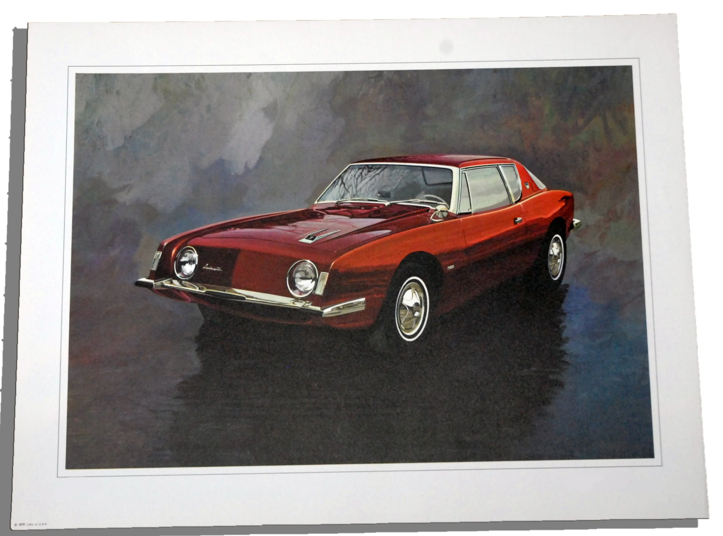 Unsigned Red 1963 Studebaker Avanti art print illustration, authentic 1975 Raymond Loewy portfolio overrun on original heavy stock.