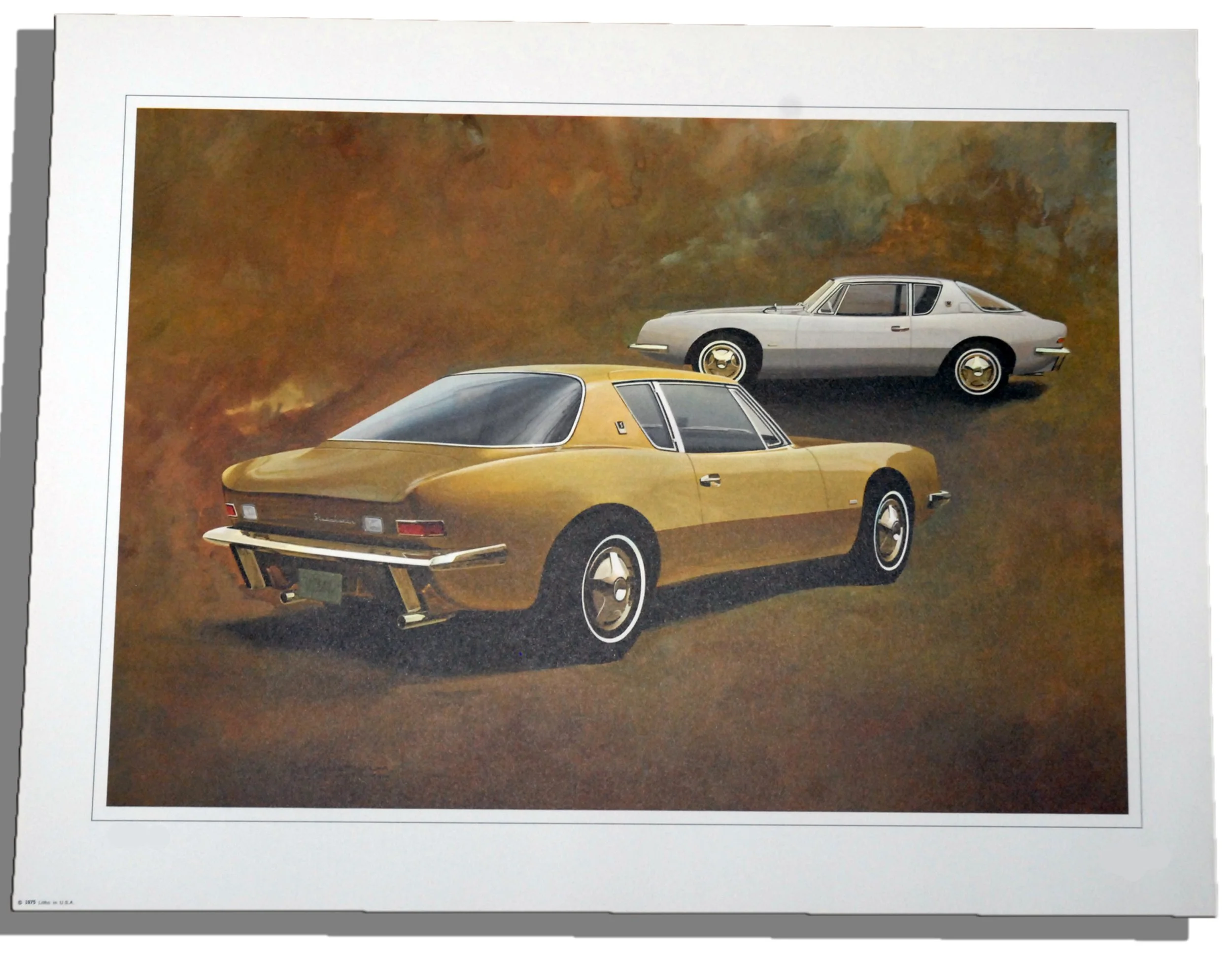 Gold 1963 Studebaker Avanti art print, unsigned original 1974 illustration by Van Dyan from the Raymond Loewy portfolio overruns.