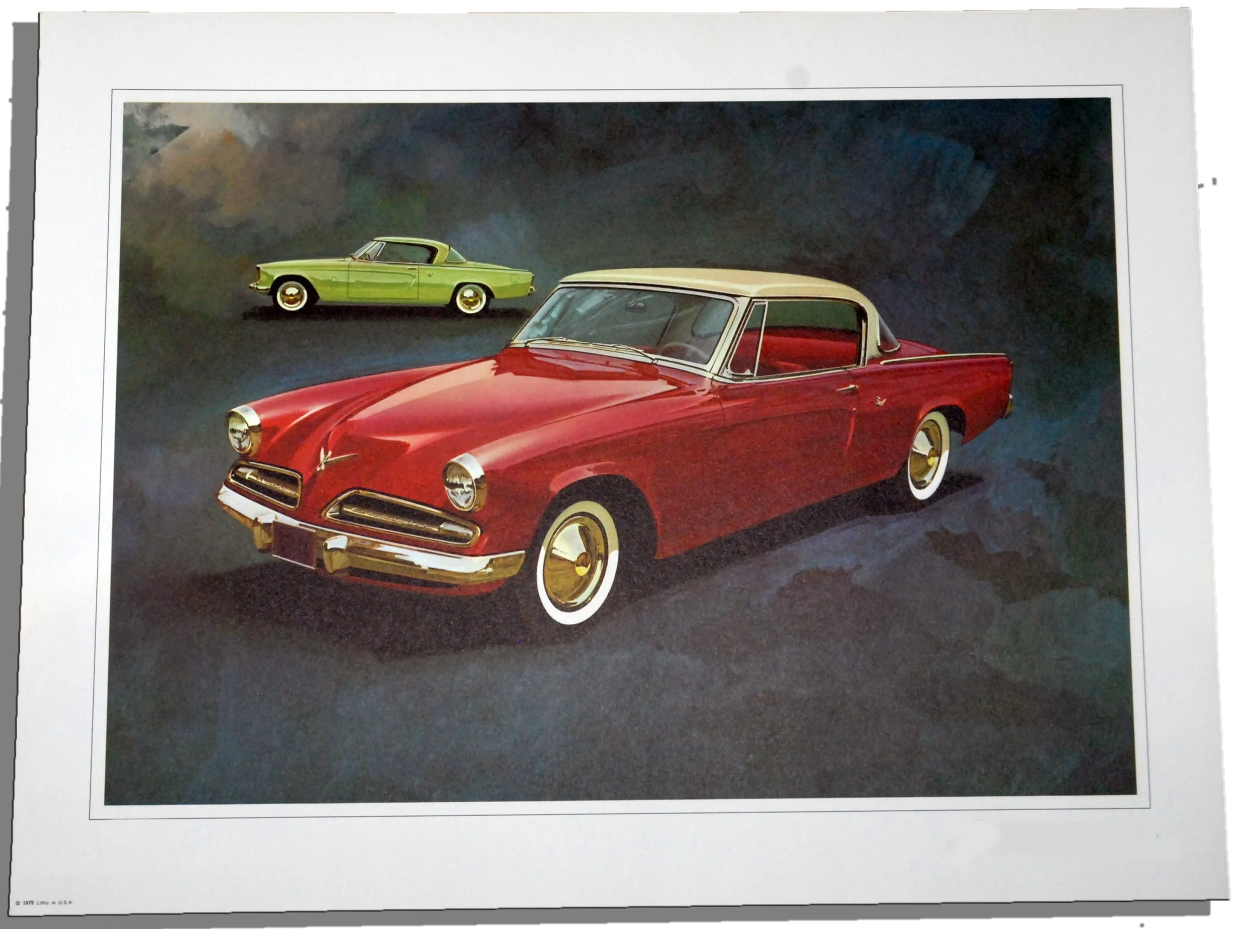 Red 1953 Studebaker Starliner art illustration, unsigned 1975 Raymond Loewy portfolio overrun print, factory-original collectible.