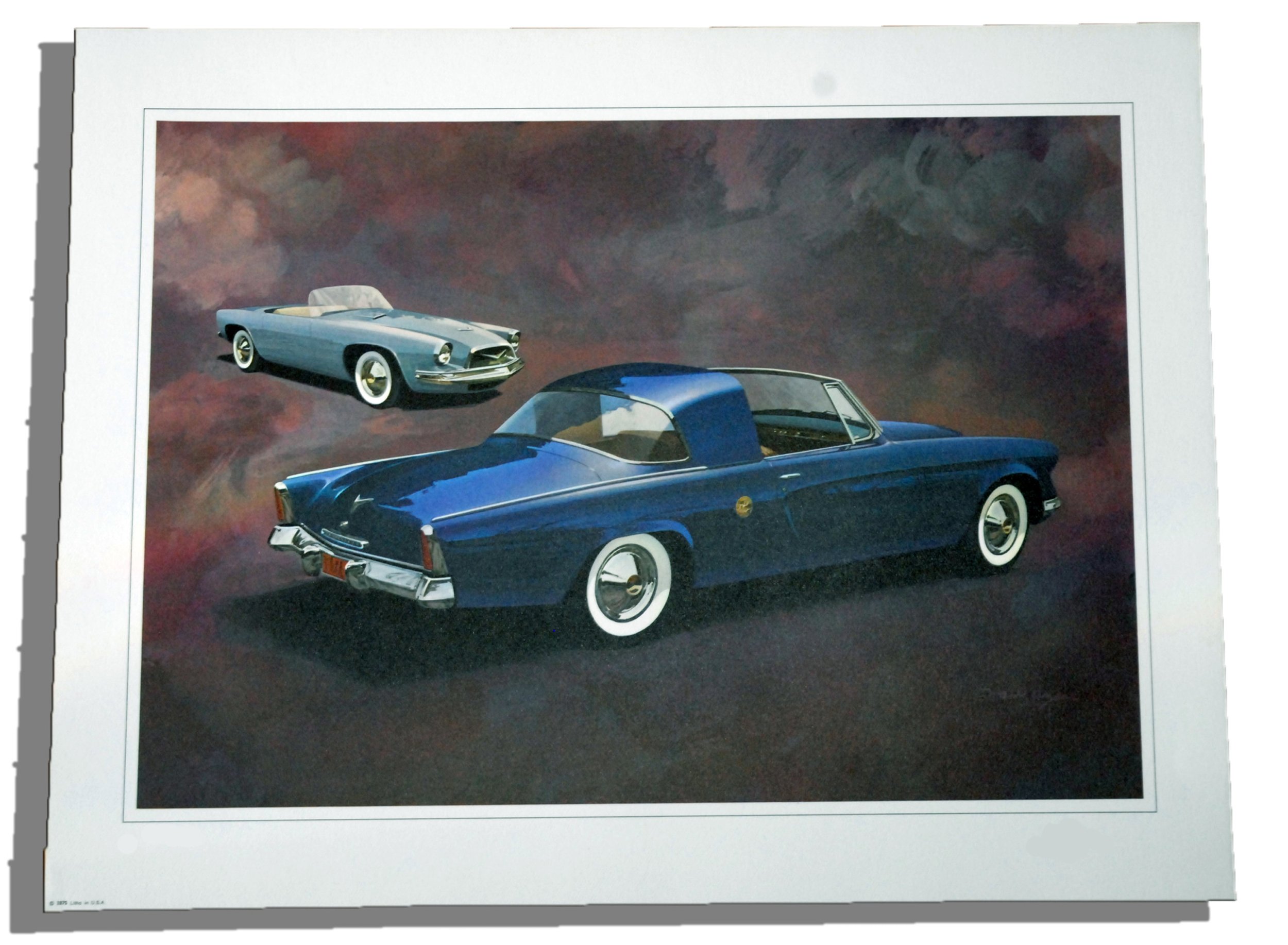Raymond Loewy’s Blue Personal Town Car art print, authentic unsigned 1974 portfolio overrun illustration, 17x22 vintage design art.