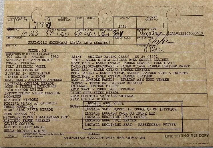 Original factory build sheet Born Report for 1963-1964 Studebaker Avanti showing production details and options.