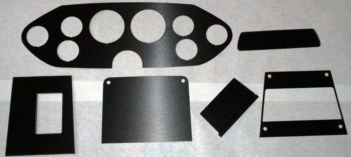 N.O.S. Black Anodized Brushed Aluminum Dash and Console Overlay Kit for 1963-1984 Studebaker Avanti, Part 1750652.