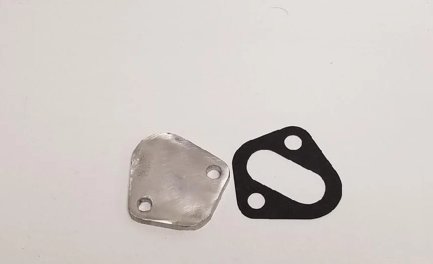 Stainless steel fuel pump block off plate and gasket for Studebaker Avanti and all Studebaker V8 engines, Part 1557213.