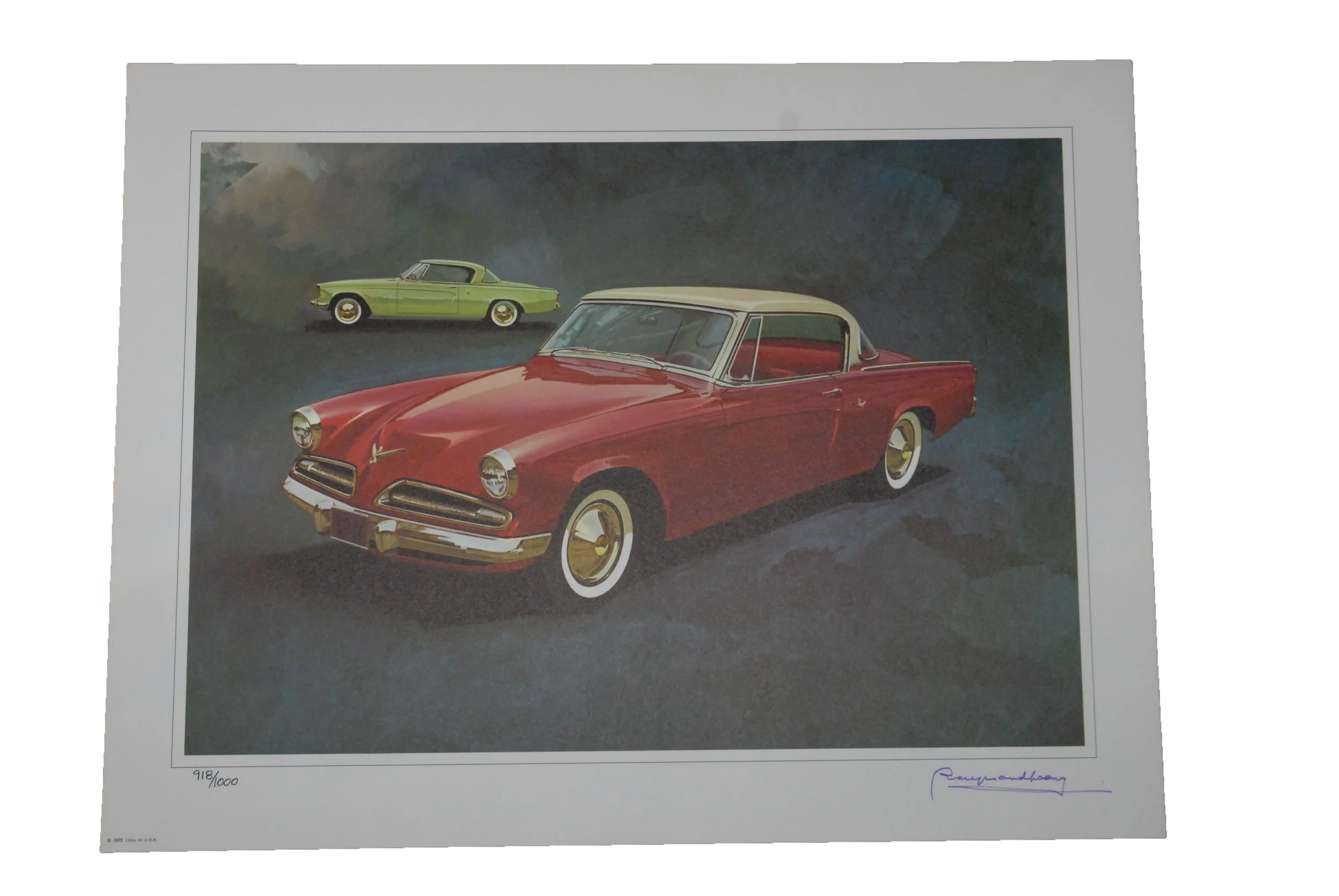 Iconic Red 1953 Studebaker Starliner art print, hand-signed and numbered by Raymond Loewy, limited edition of 1000 original prints