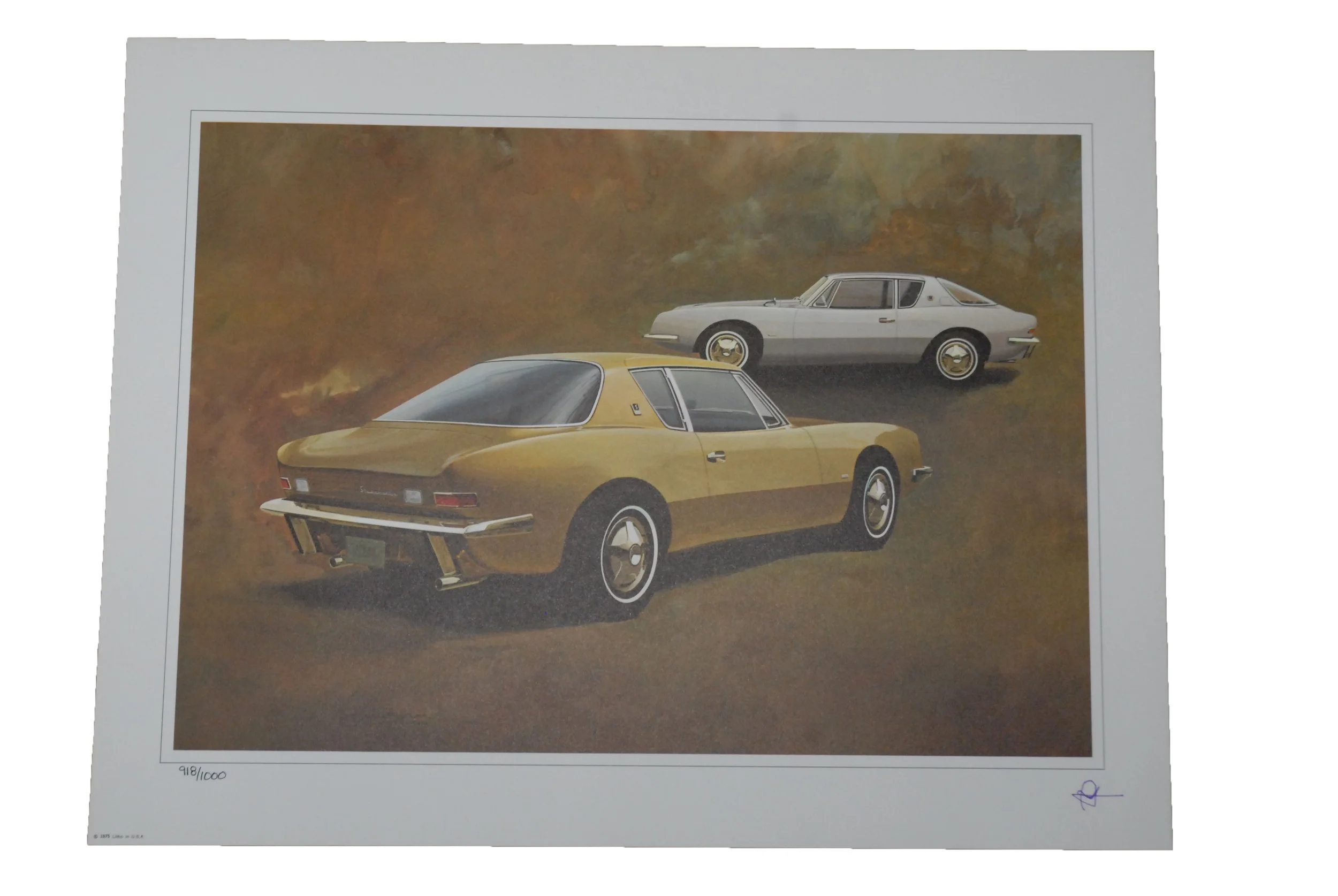 Rare Gold 1963 Studebaker Avanti art print, personally signed and numbered by Raymond Loewy, original automotive design memorabilia.