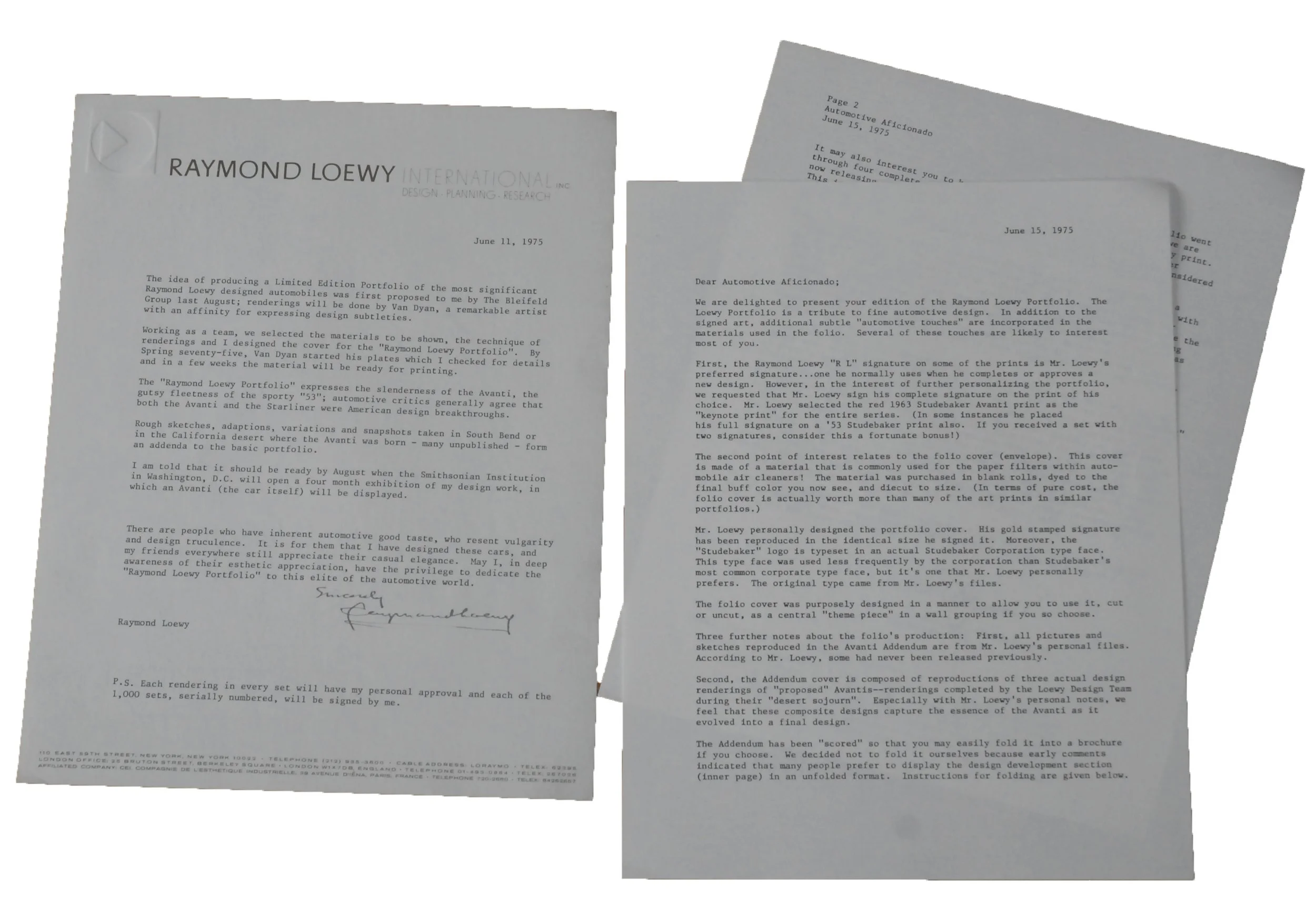 Raymond Loewy personal embossed logo stationery letter from the 1975 portfolio.