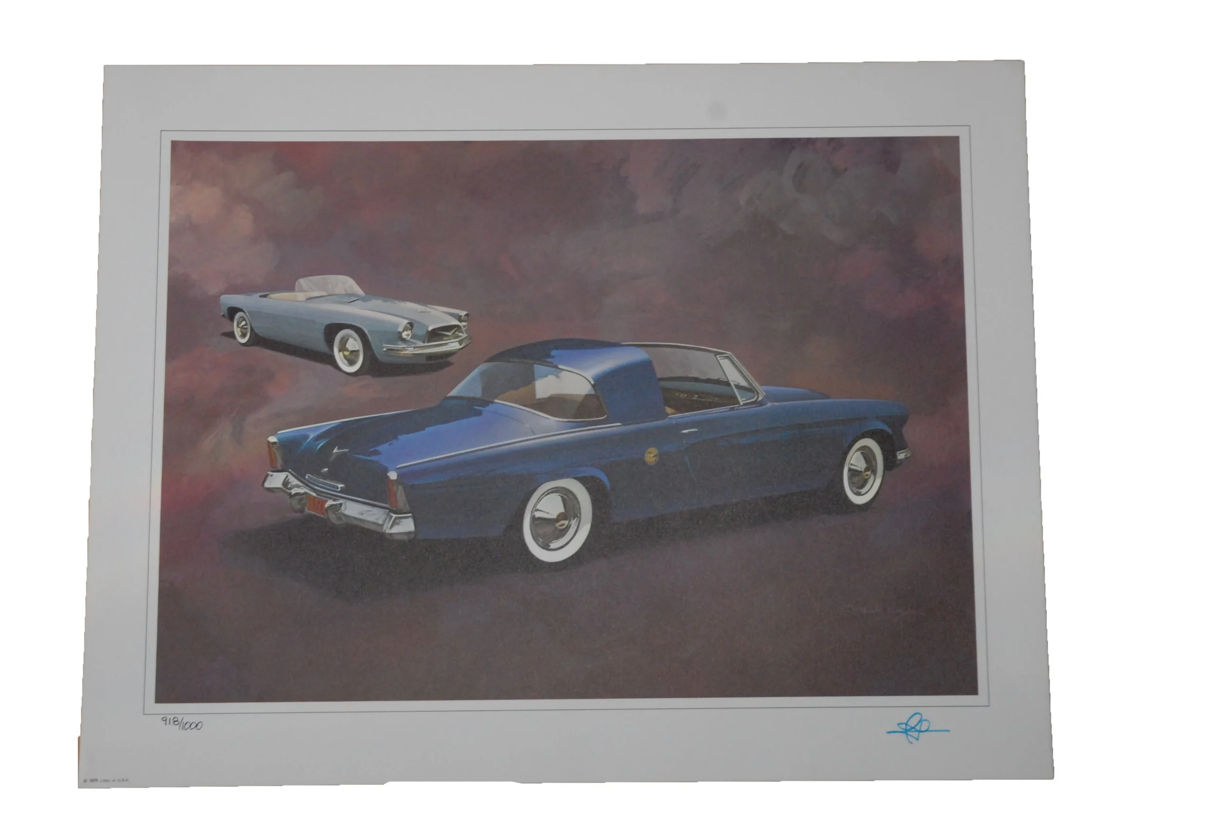Raymond Loewy’s Blue Personal Town Car art print, hand-signed and numbered by the designer, authentic 1975 industrial design collectible