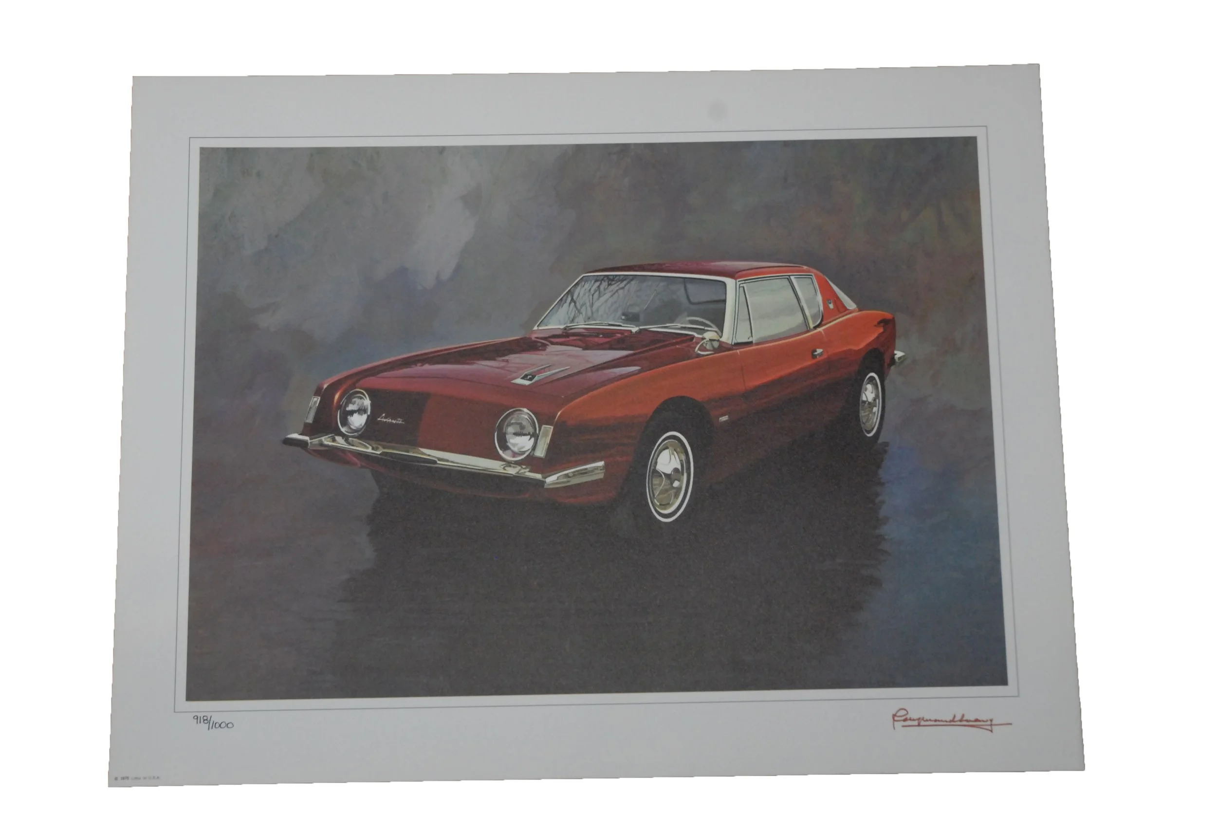 Hand-signed and numbered Red 1963 Studebaker Avanti art print by Raymond Loewy, authentic 1975 limited edition portfolio illustration.