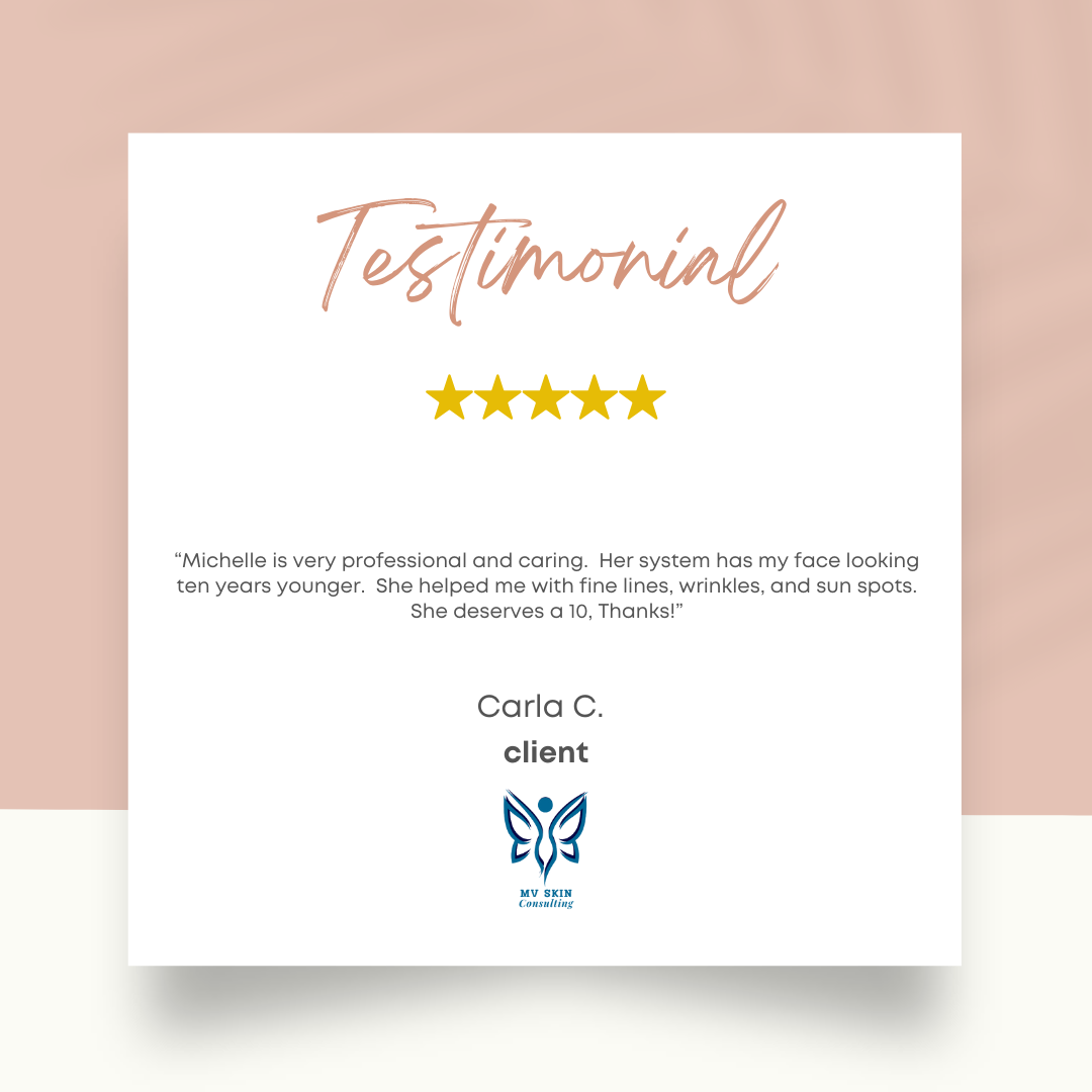 Client Carla C. shares that she is happy with her experience with Michelle Valeri, MV Skin Consulting-located inside Cornerstone Pilates in Richardson, Texas