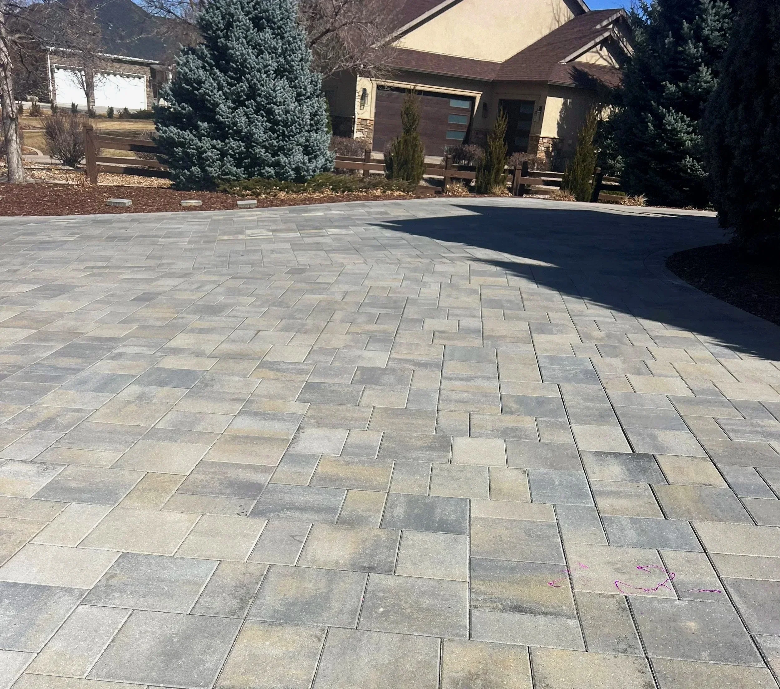 A paved driveway in front of a house with a yard filled with evergreen and leafless trees, and a beige and dark brown house in the background.