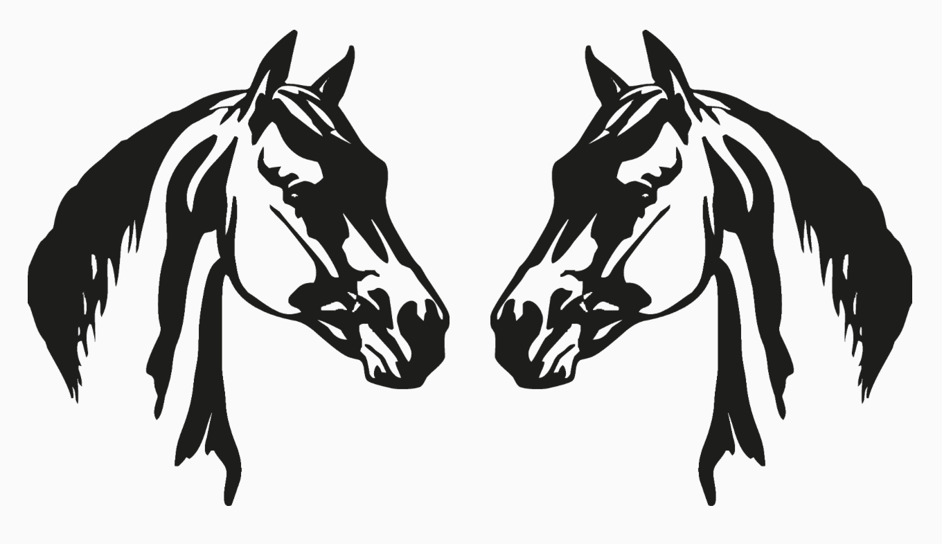 Two black and white stylized horse heads facing each other.