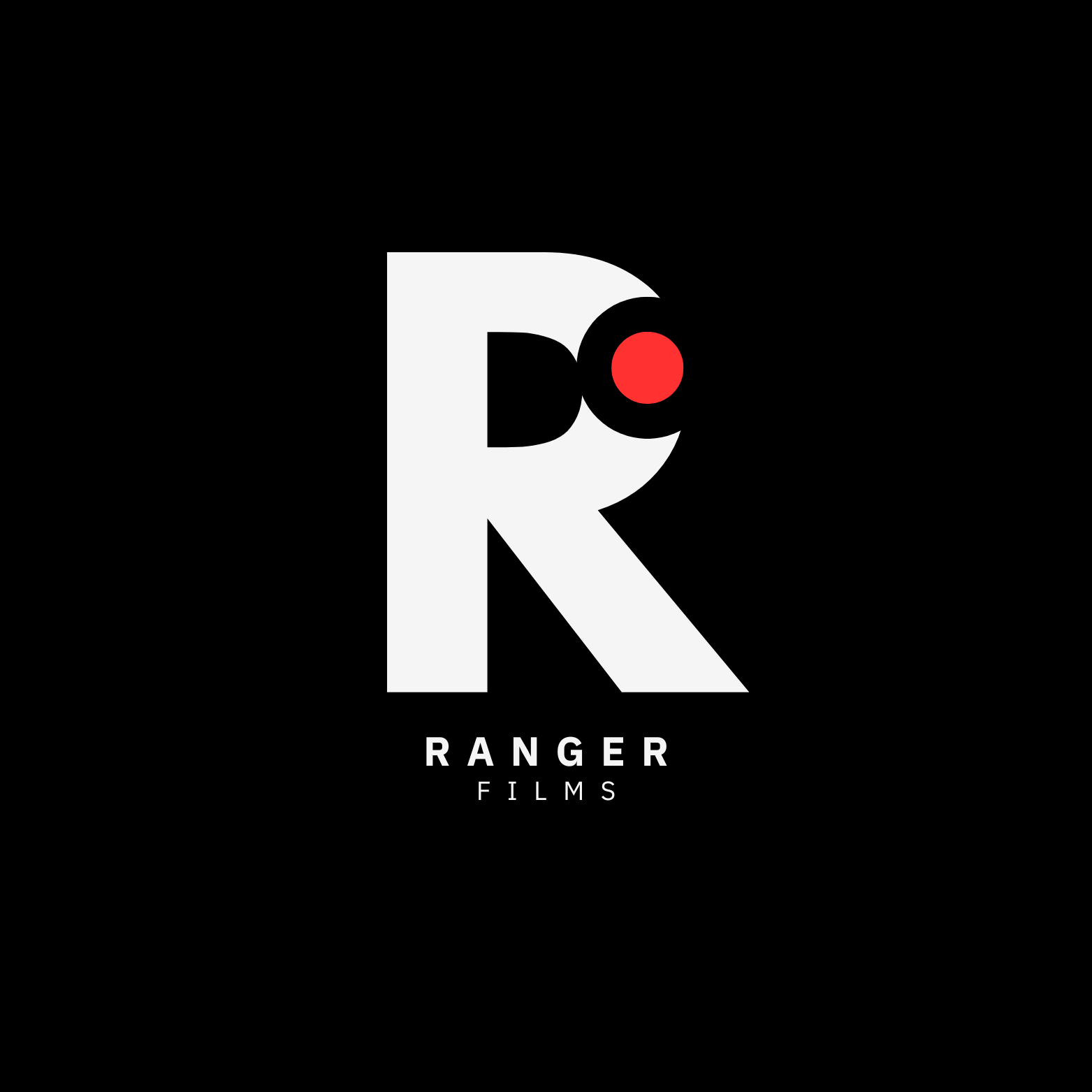 Logo for Ranger Films featuring a large white letter R with a black and red camera lens integrated into the top right part of the R on a black background, with the words 'RANGER FILMS' beneath in white text.