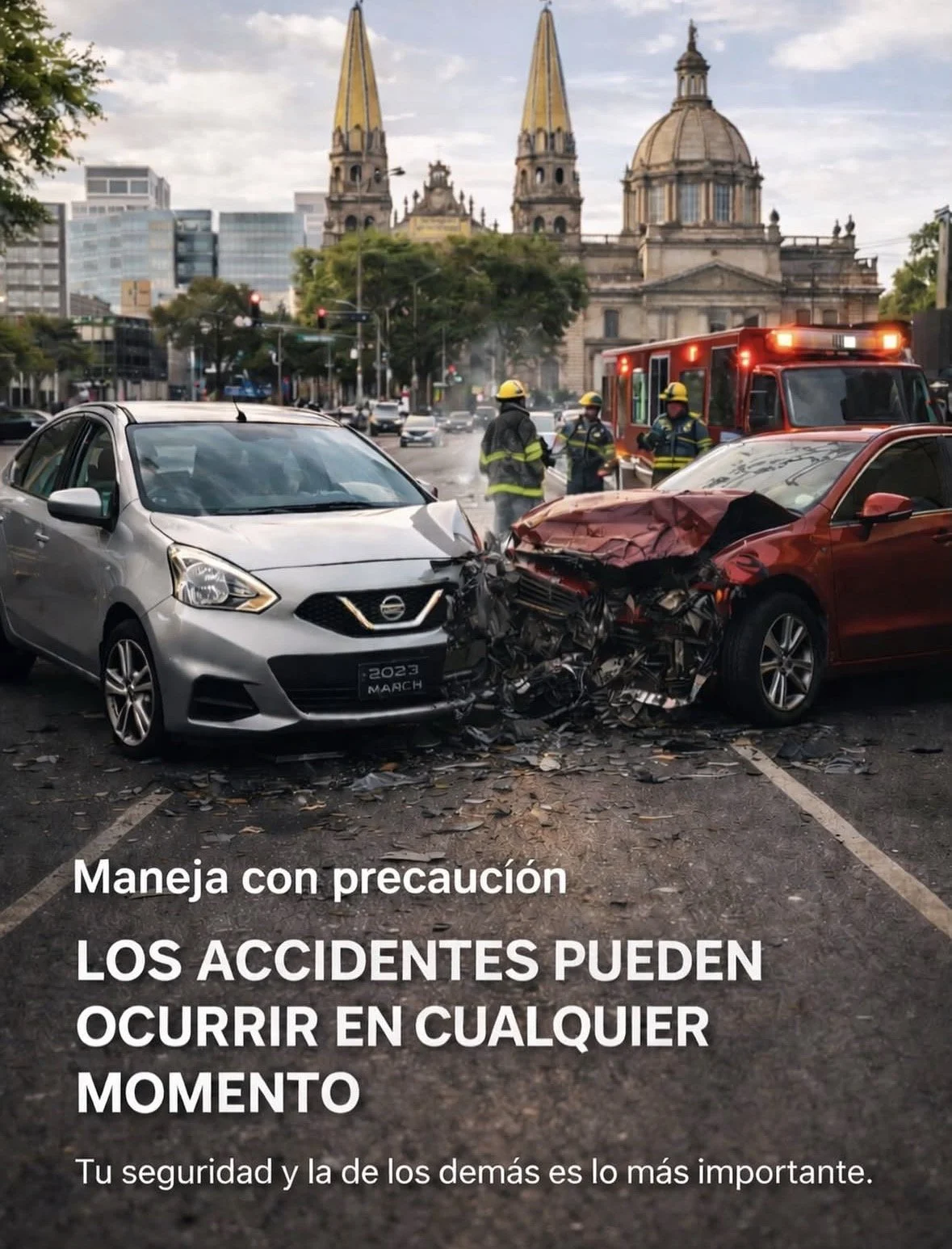 Dos autos chocados en una calle, uno plateado y uno rojo, con bomberos presentes y un edificio histórico en el fondo.