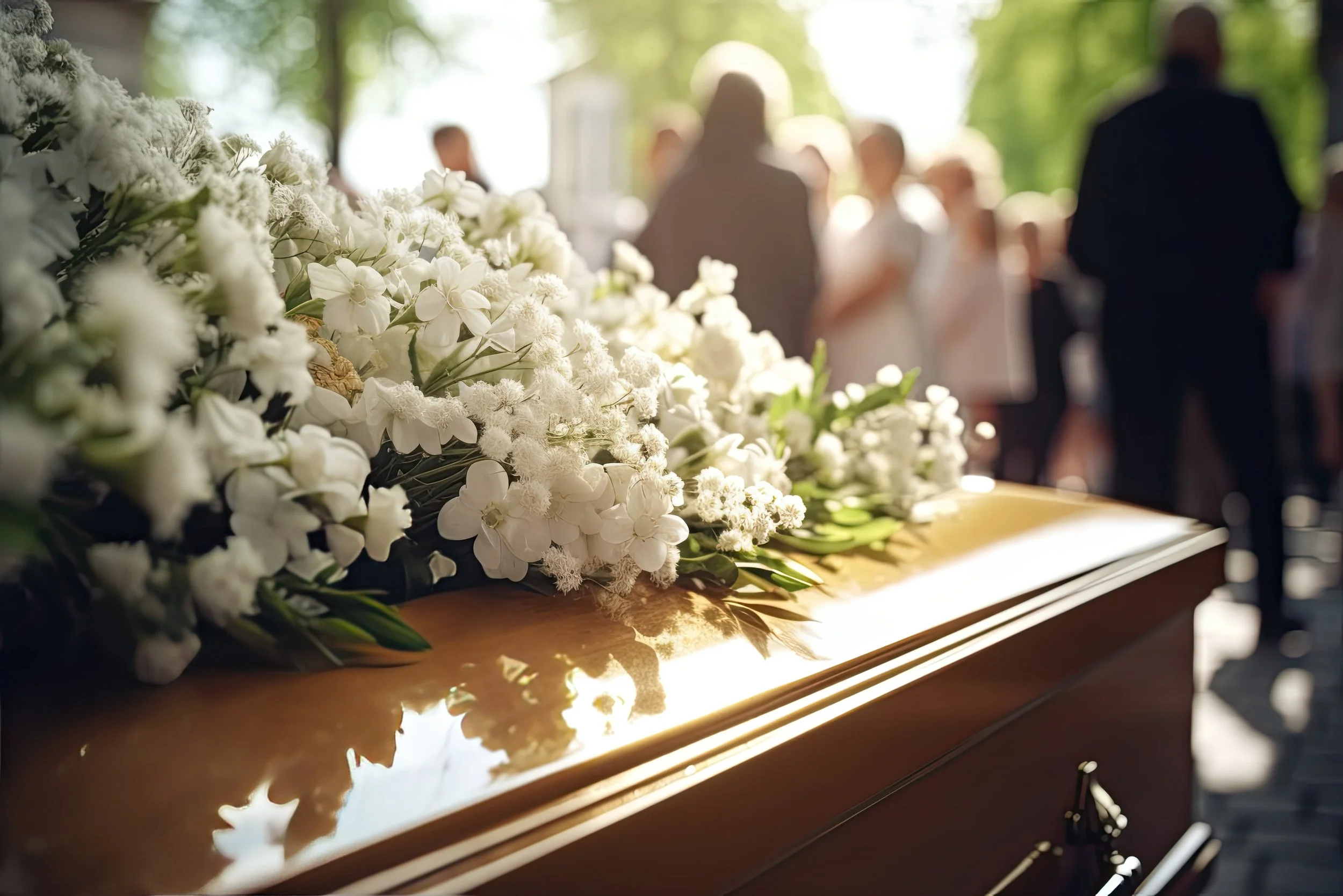 Florero de flores blancas sobre un piano de madera en una ceremonia, con personas difusas en el fondo.