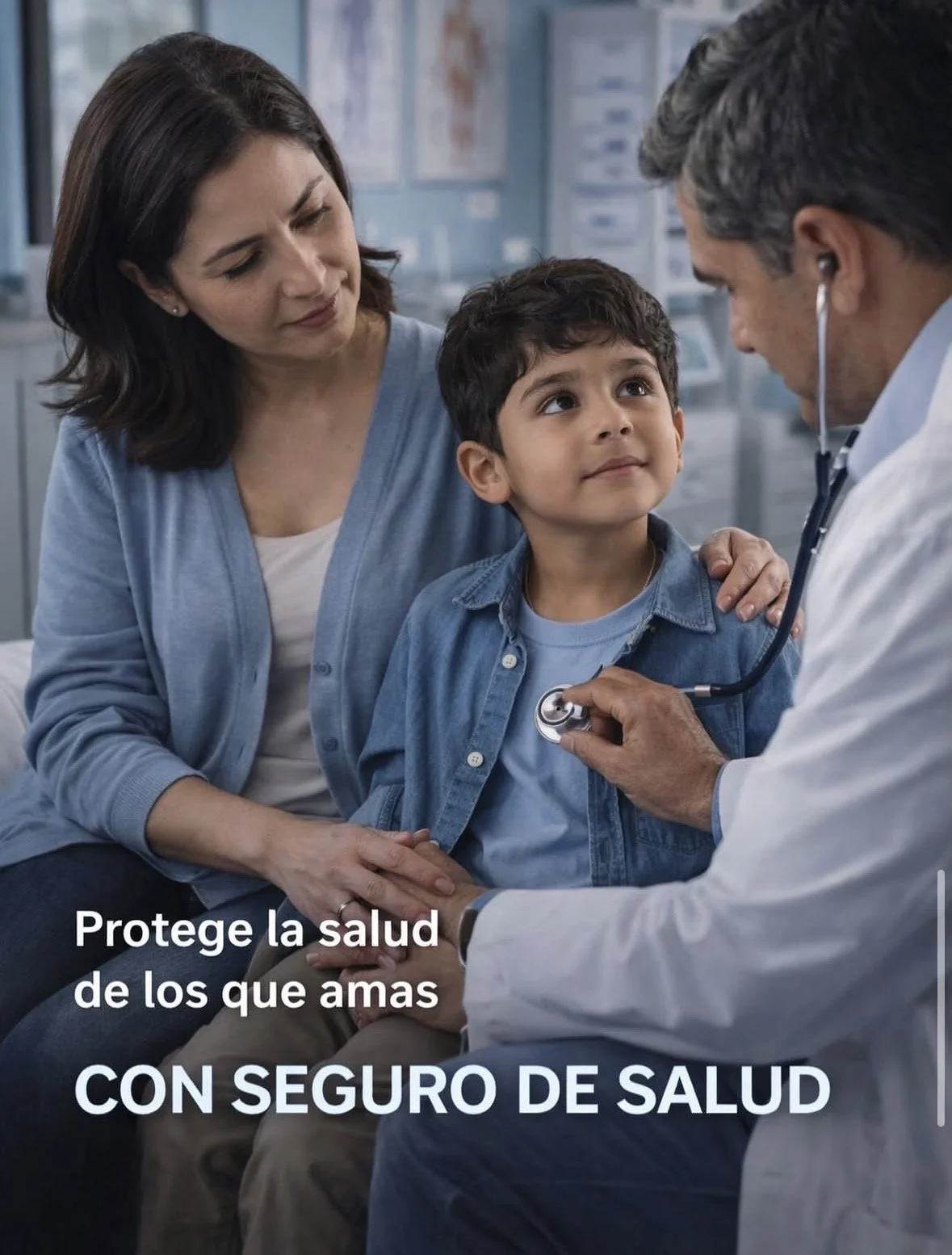 Niño en consulta médica con madre y doctor. Texto: 'Protege la salud de los que amas con seguro de salud.'
