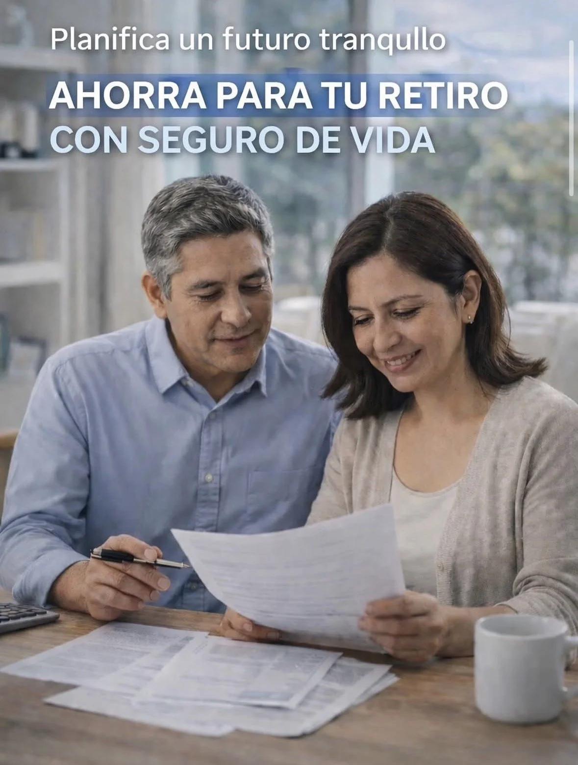 Una pareja revisando documentos financieros en una mesa de oficina, promoviendo ahorro para la jubilación con un seguro de vida.