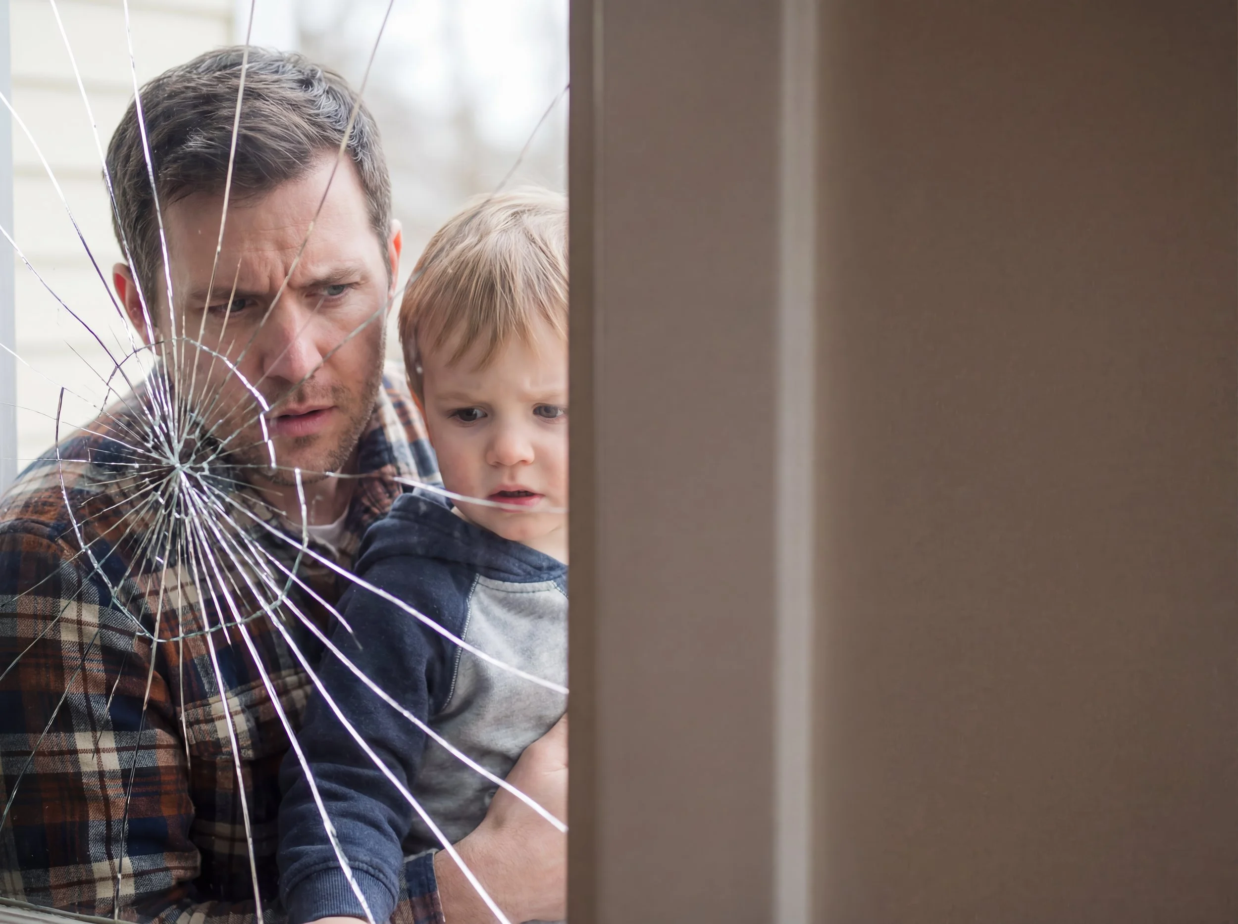 Un hombre y un niño mirando a través de una ventana rota con vidrios rotos y una gran grieta en el cristal.