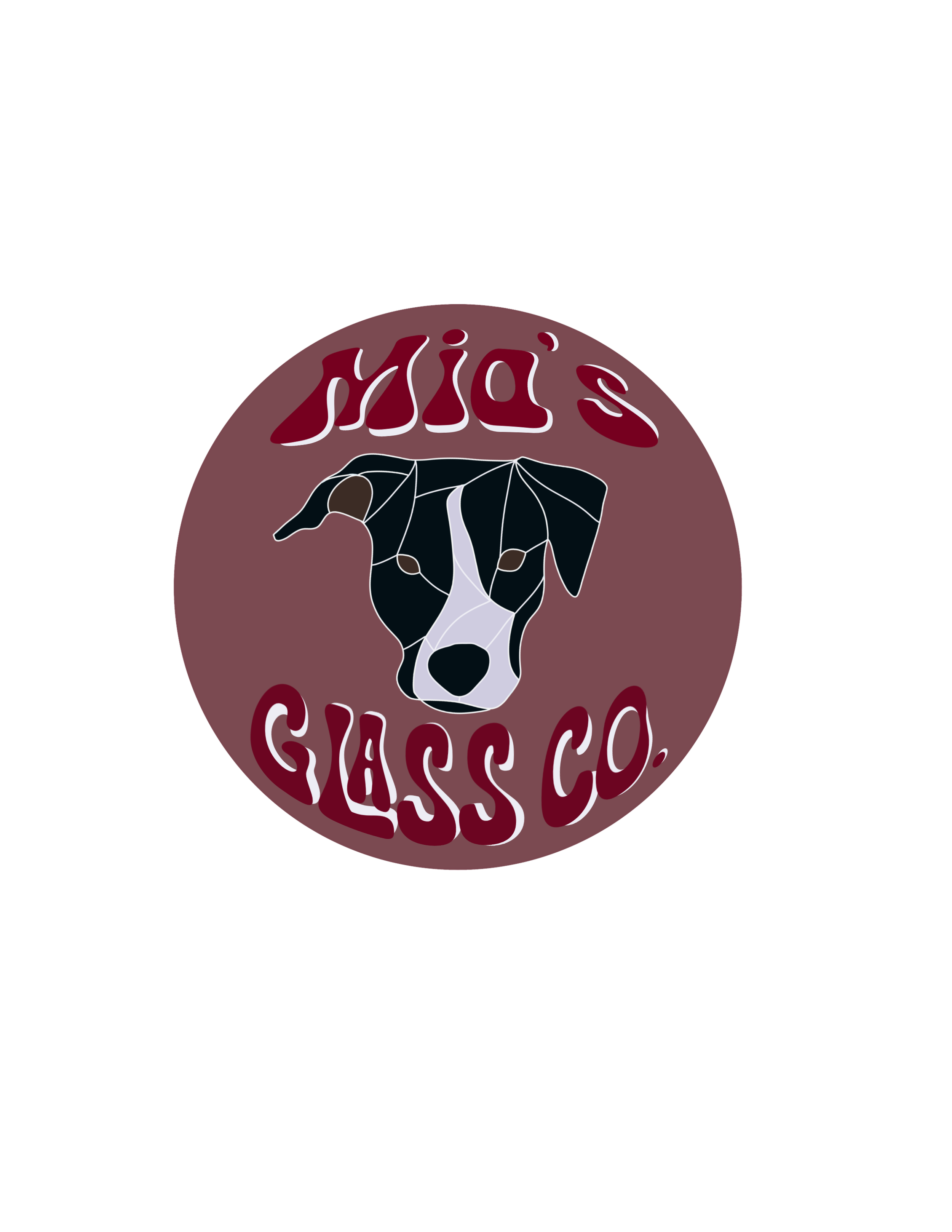 Logo of Mia's Glass Co. featuring a stylized dog face and the company name in maroon text.