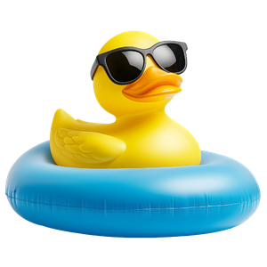 Gele rubber eend met zwart zonnebril, drijvend op een blauwe zwemband