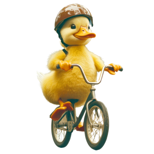 Eva de eend op een fiets, gekleed in een helm.