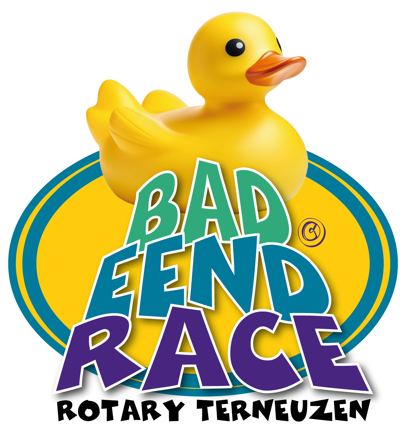 Logo van Bad Eend Race met een gele rubberen eend boven de tekst, die uitgestippeld en kleurrijk is.