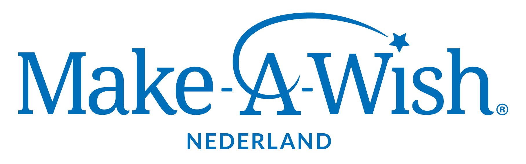 Logo van Make-A-Wish Nederland met een blauwe tekst, een ster en een glimlachend vallende ster boven de tekst.