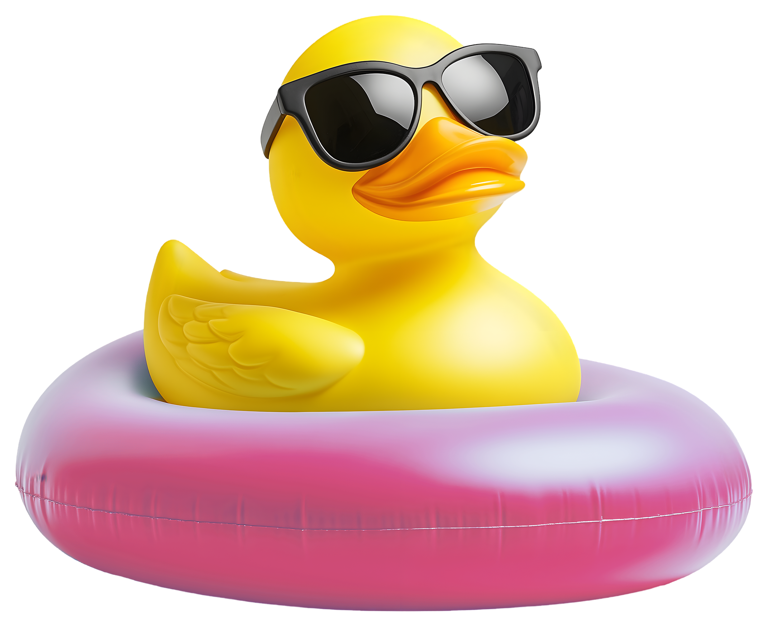 Gele badeend met zonnebril en zwembrilletje, zwemt op een roze en witte opblaasband.