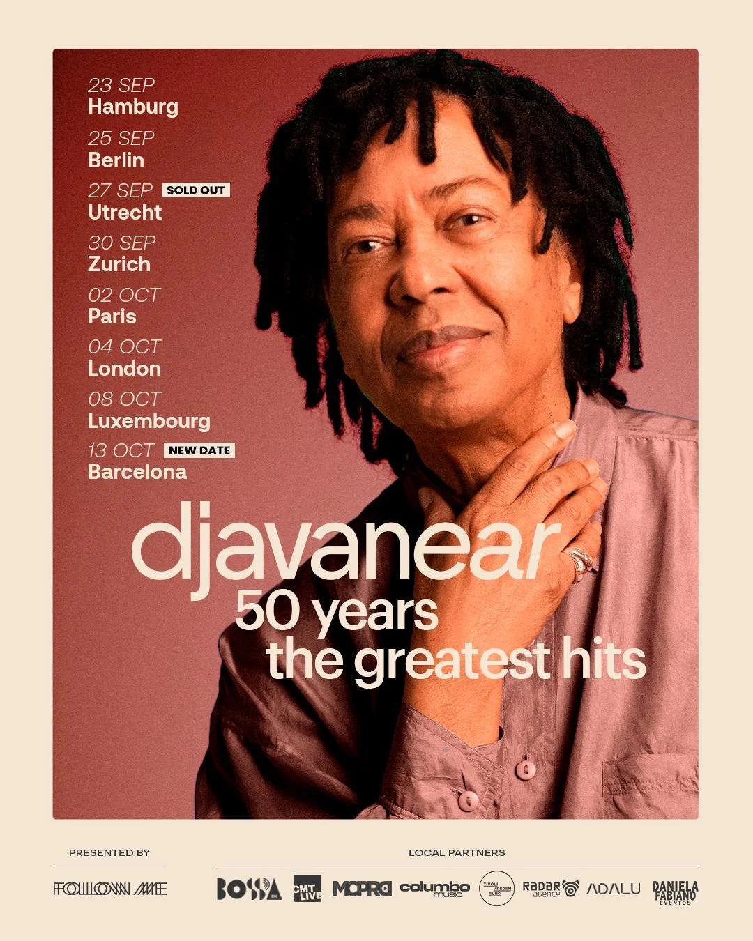 Concert poster celebrating DJavan's 50 years of hits, with tour dates listed for European cities including Hamburg, Berlin, Utrecht, Zurich, Paris, London, Luxembourg, and Barcelona.