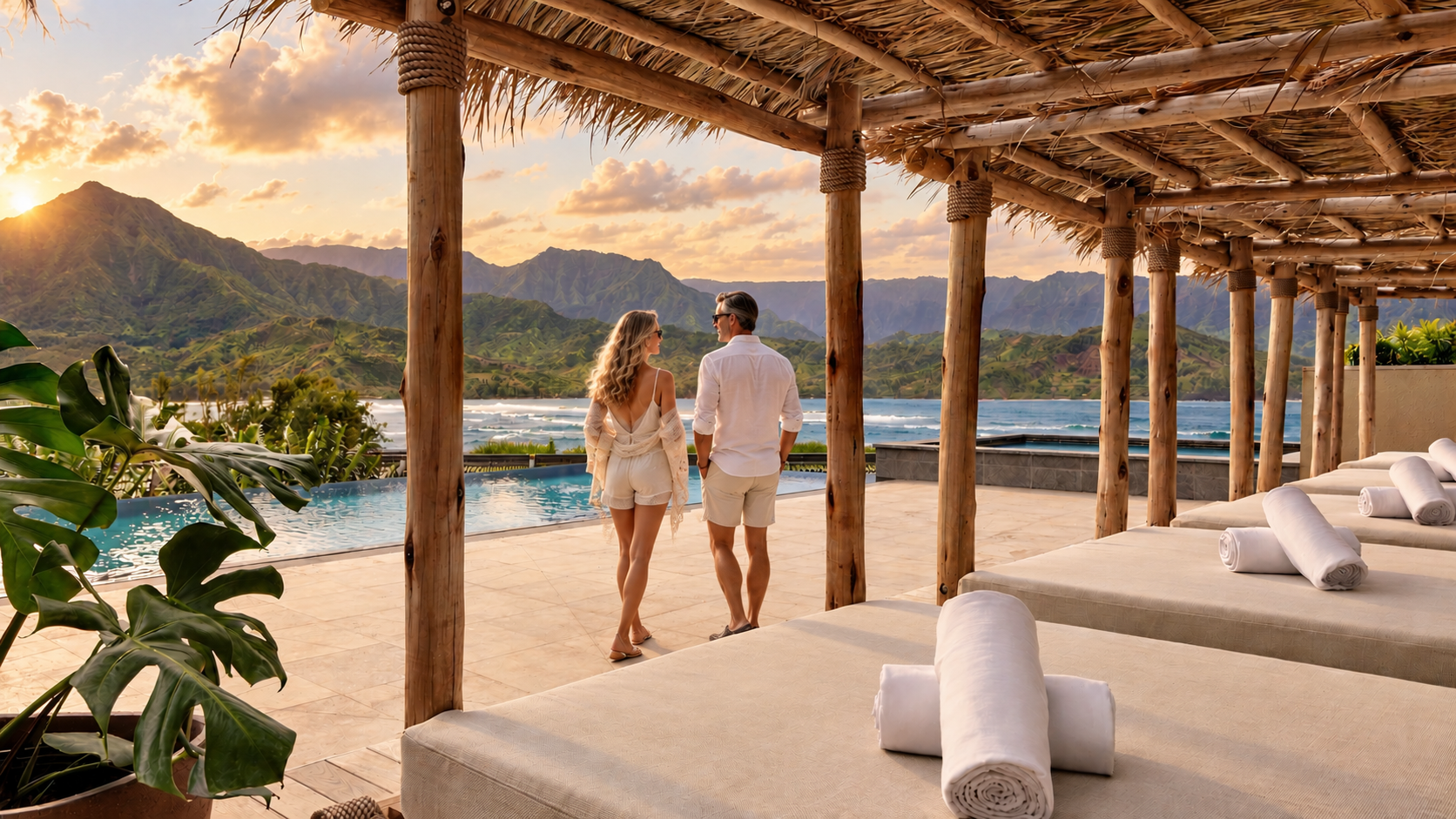 A couple walking by a pool with a beach, ocean, mountains, and sunset in the background. The setting appears to be a tropical resort with thatched roof and lounge chairs.
