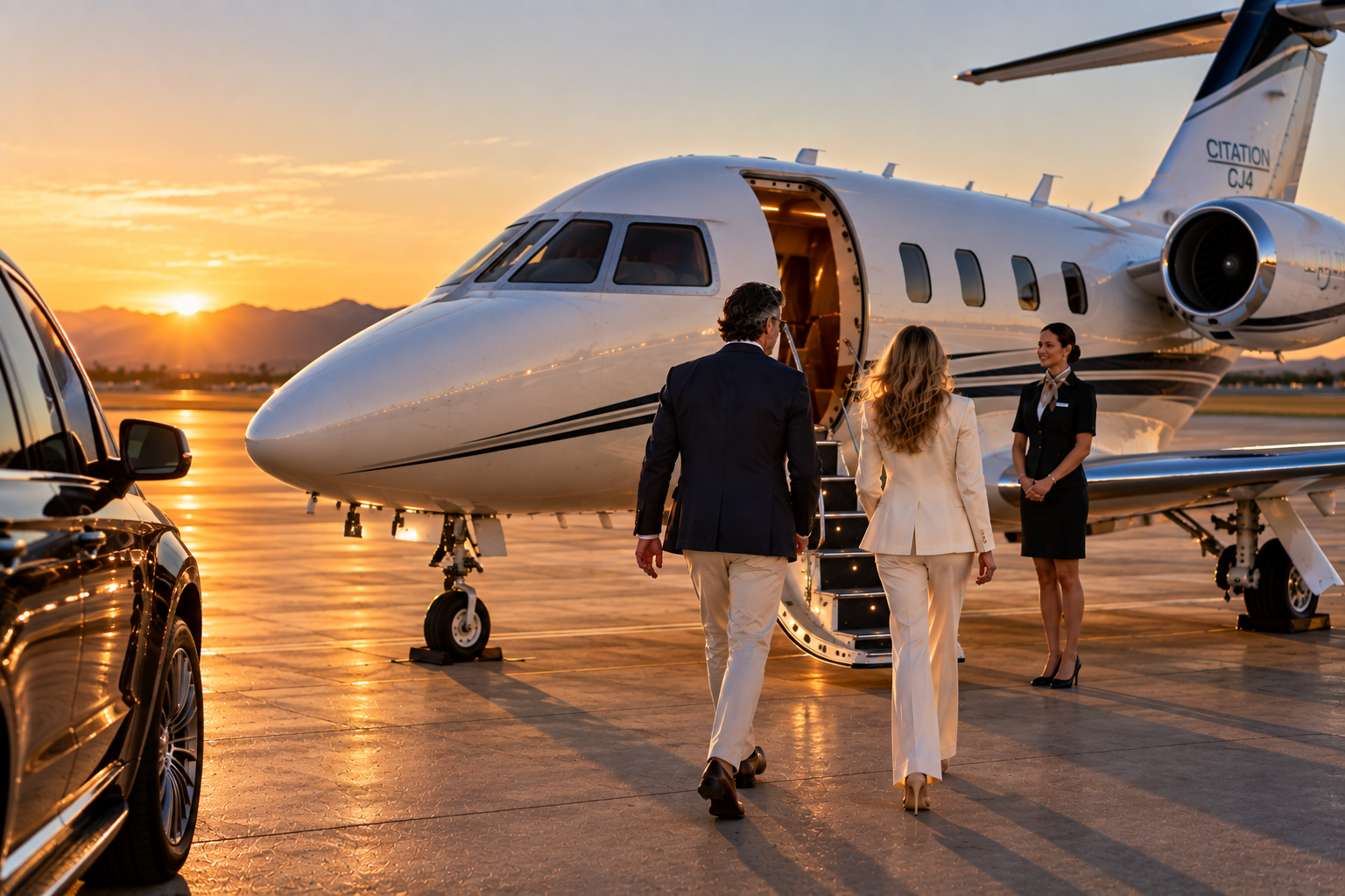 Business people boarding a private jet at sunset.