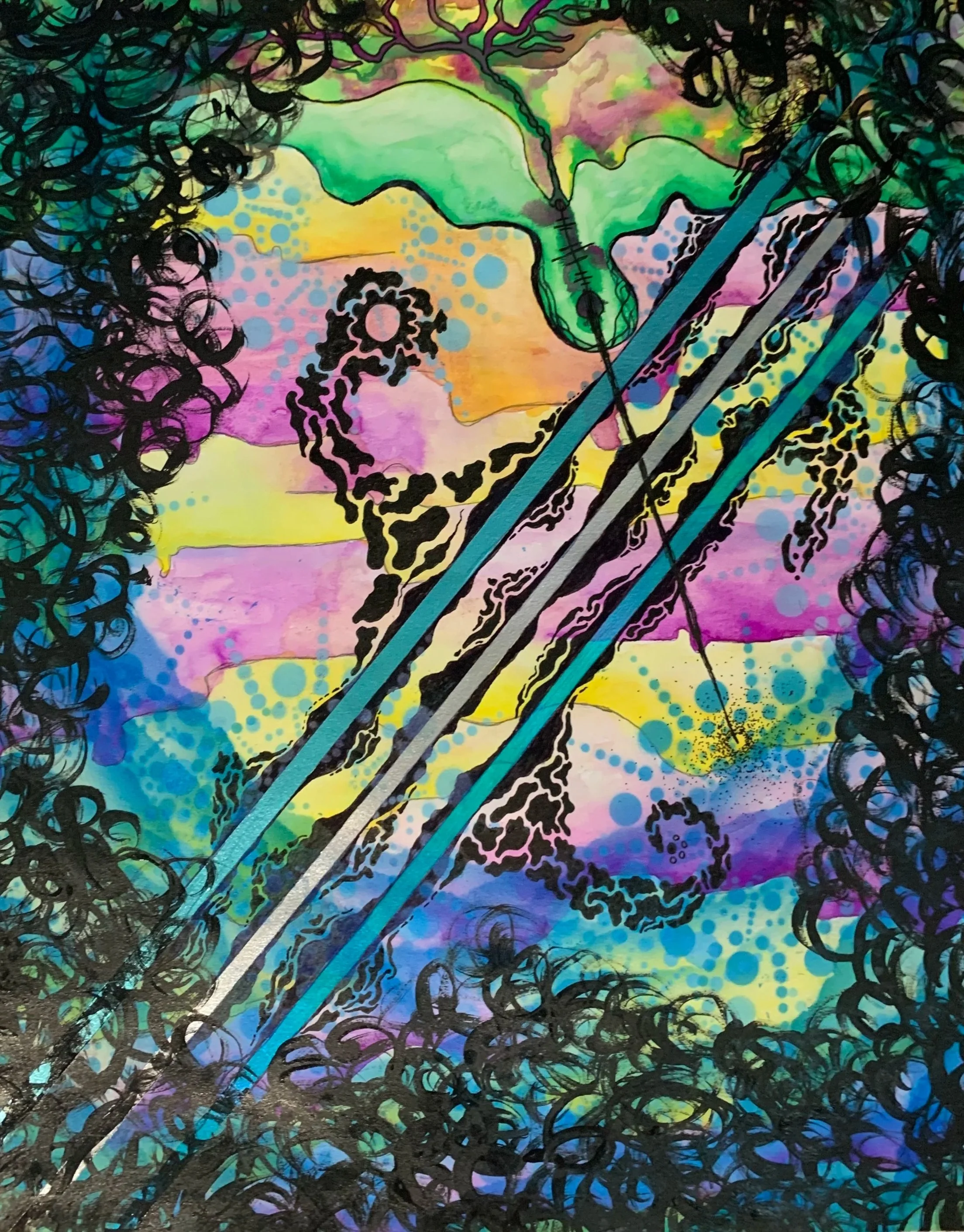 An abstract watercolor painting of a woman with curly hair, with colorful splashes of pink, yellow, green, and blue, and black line details, overlaid by three diagonal light blue and gray lines.