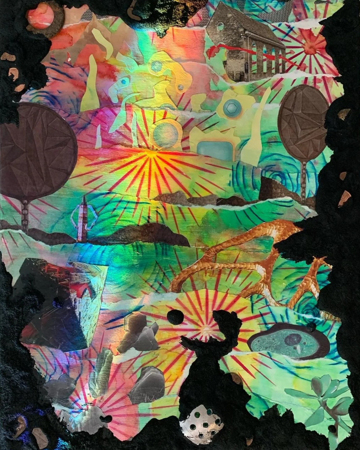 Colorful collage of various images and objects, including a church, fireworks, a rabbit silhouette, a dragon, a plant, and abstract patterns with a holographic effect.