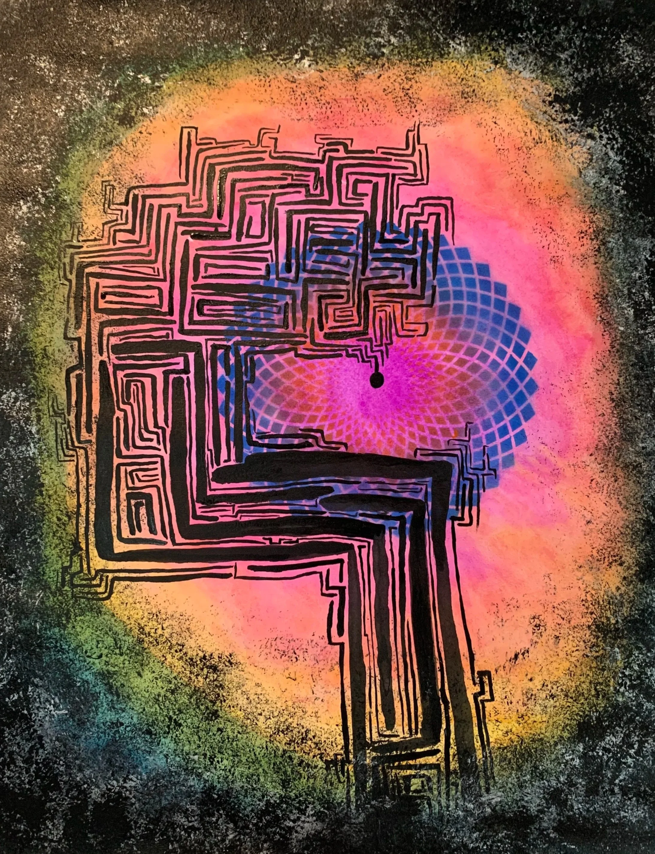 Abstract artwork featuring a black maze-like structure with a human brain outline silhouette against a vibrant pink and purple circular background, surrounded by a multicolored, star-like halo with green, yellow, and orange hues.