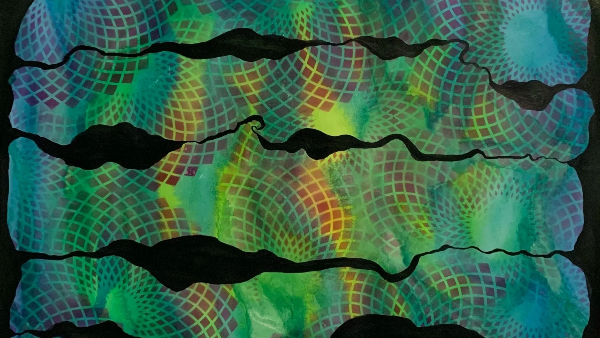 Colorful abstract pattern with neon rainbow colors and grid-like design, overlaid with irregular black shapes and lines.