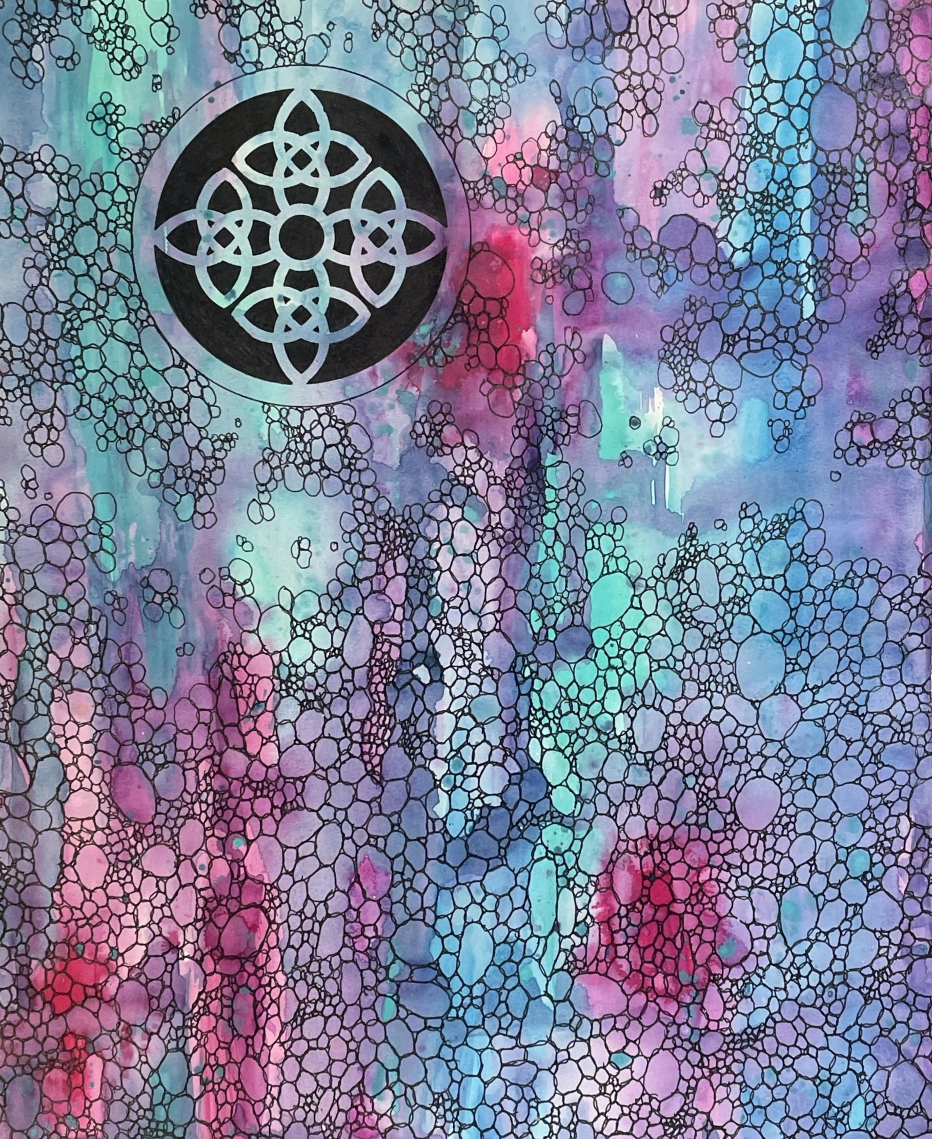 Abstract watercolor background with a black and white circular intricate design in the upper left corner.