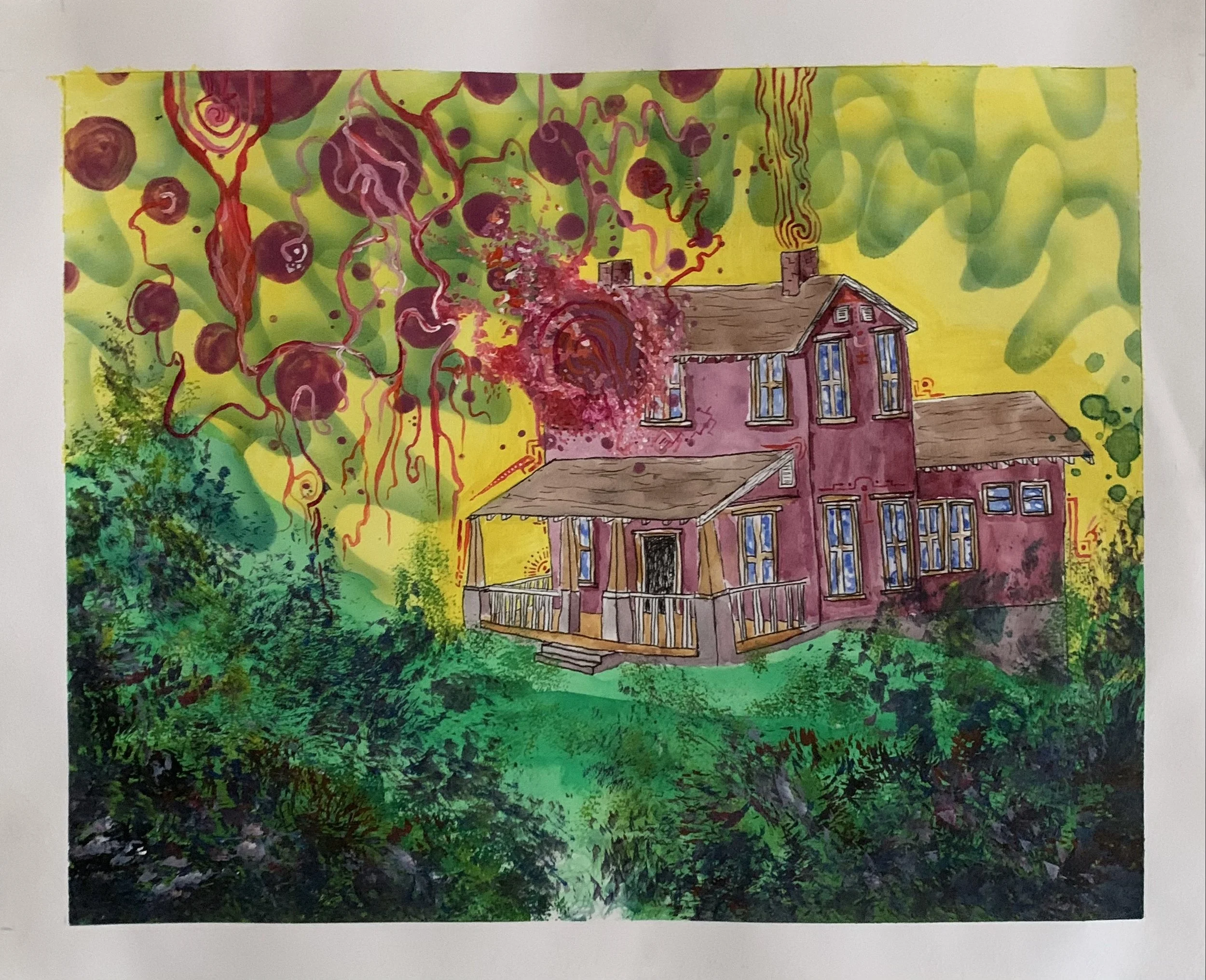Colorful painting of a two-story house with purple walls, multiple windows, and a small front porch set in a lush green landscape, with abstract red and purple trees and a bright yellow background.