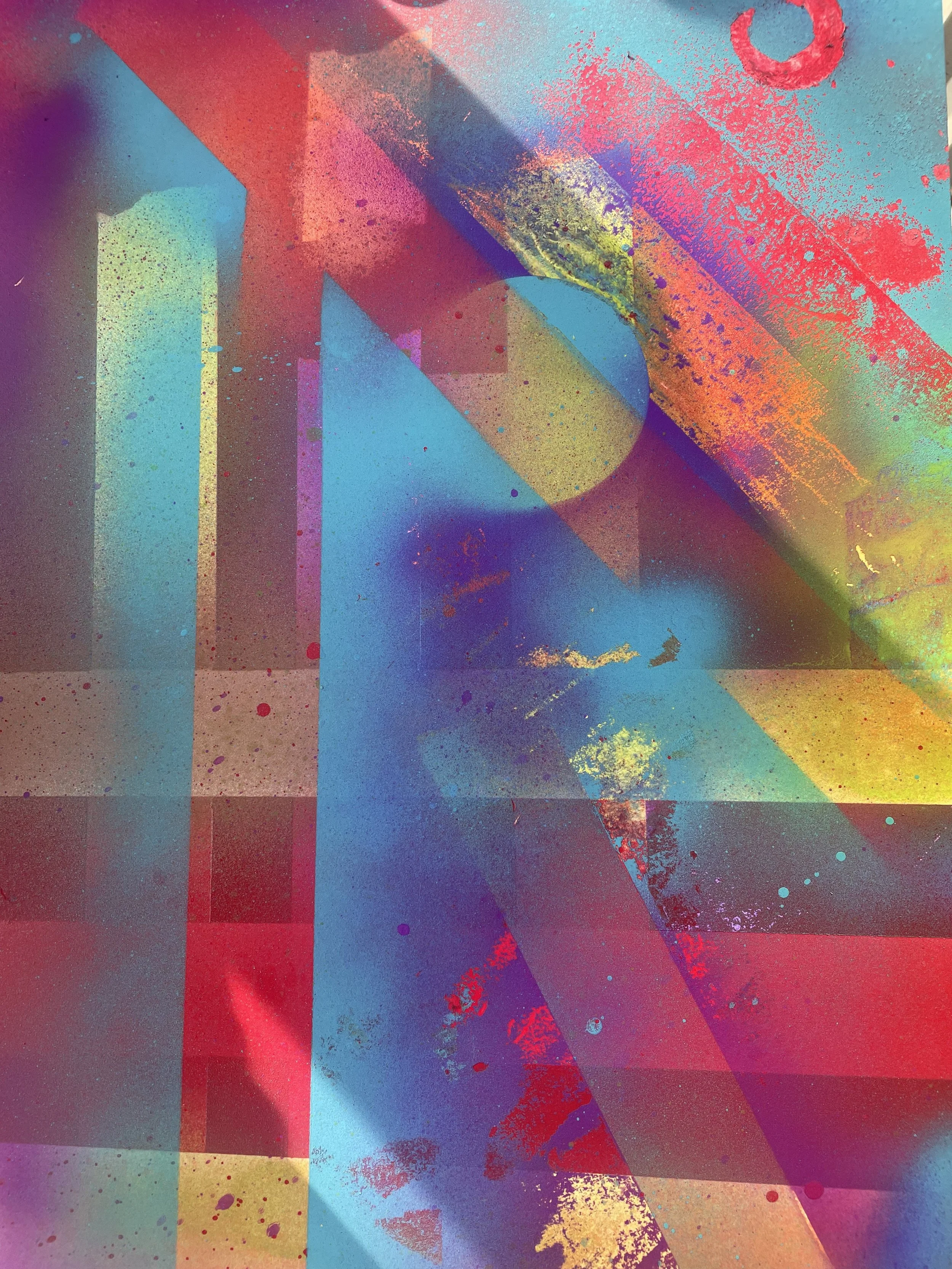 Abstract colorful spray-painted artwork with geometric shapes and splashes of paint.