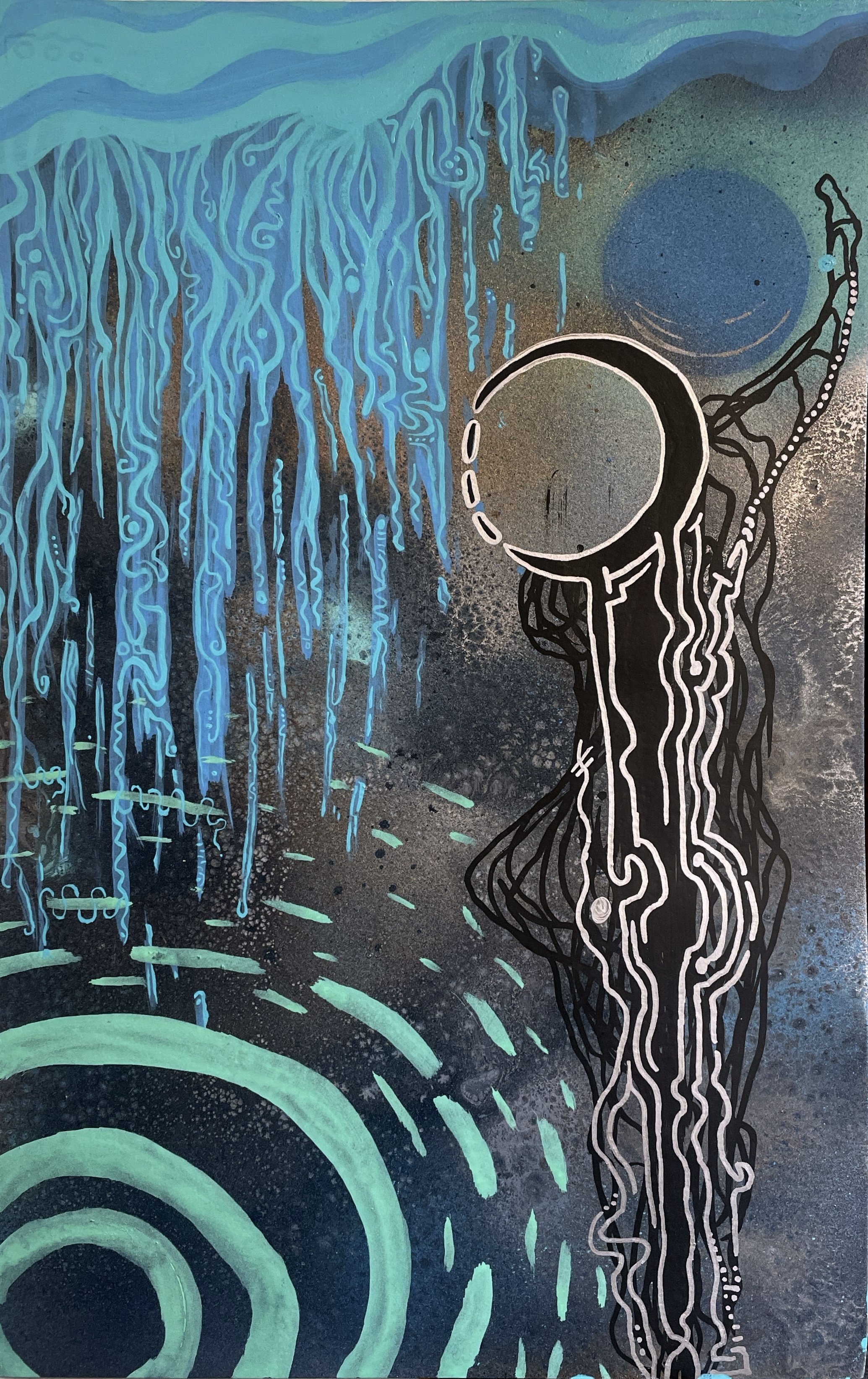 Abstract graffiti artwork featuring black, white, blue, and green colors with patterns resembling circuit boards, concentric circles, and flowing lines.