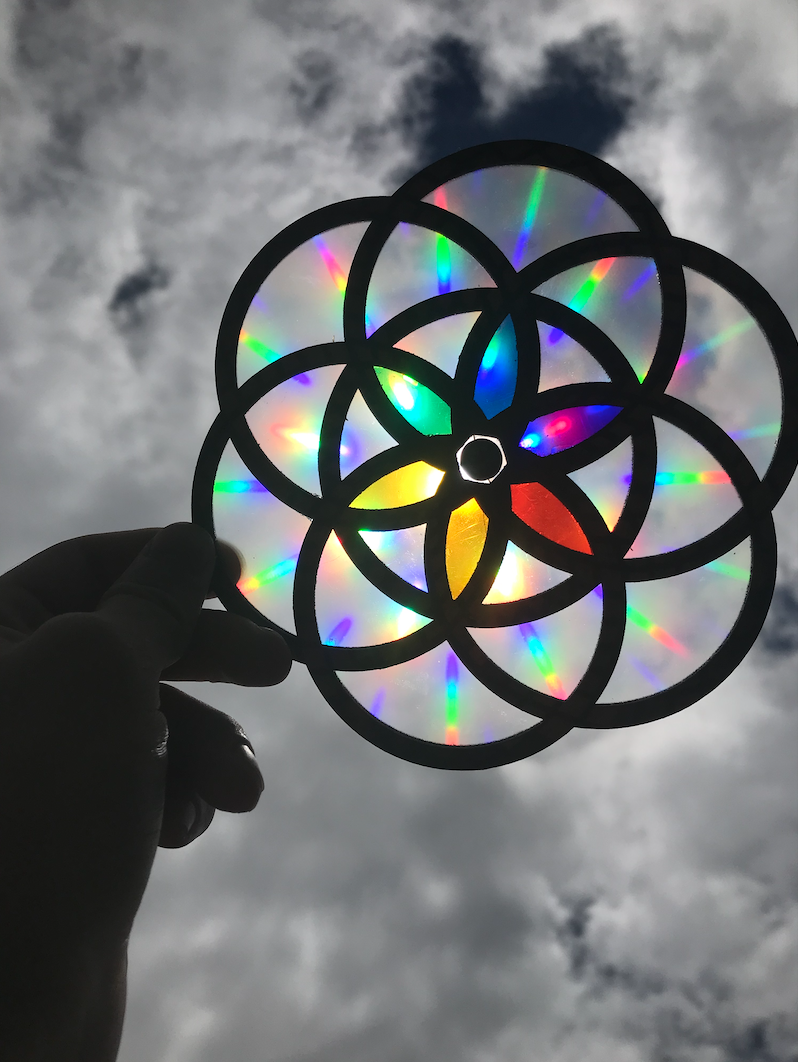 Person holding a diffraction grating with rainbow light patterns against a cloudy sky.