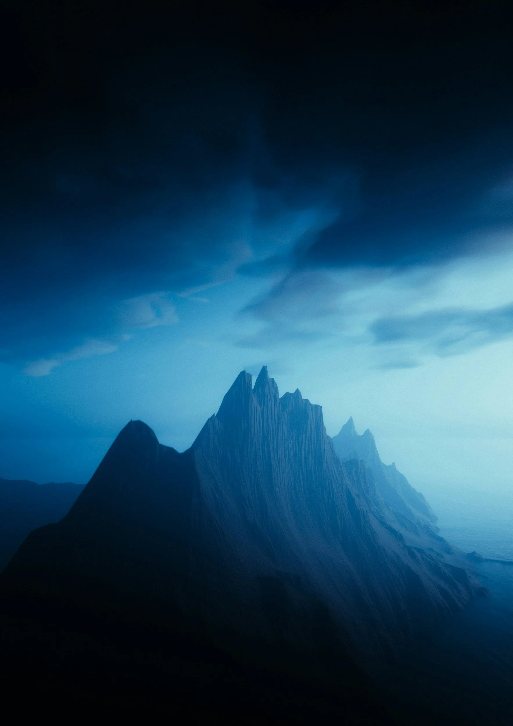 A dark, moody mountain landscape with sharp, jagged peaks and swirling clouds overhead.
